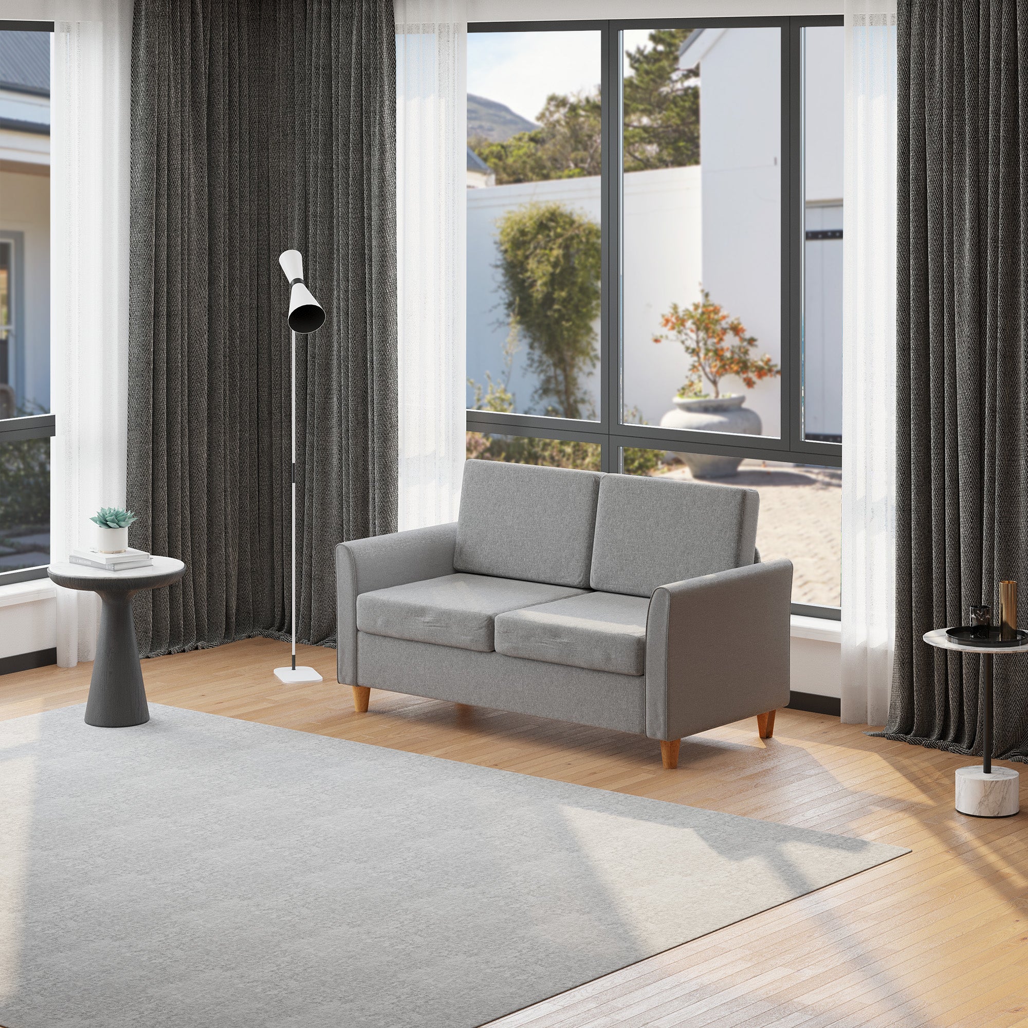 HOMCOM® Zweisitzer Sofa | Abnehmbare Kissen | Leinen, Schaumstoff, Kautschukholz | Hellgrau | 141 x 70 x 78 cm