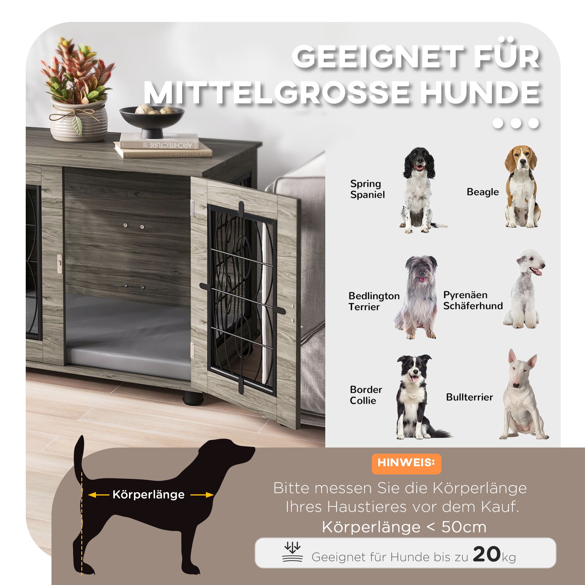 PawHut Hundebox mit Liegekissen, bis 20kg/50cm Körperlänge, Metall, 80x56x63cm, Grau/Holzdekor