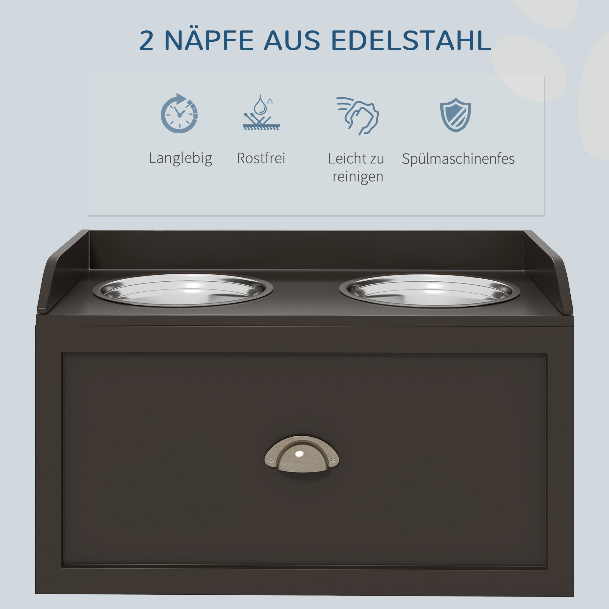 PawHut Futterstation Erhöhte Fressnäpfe 2 Fressnäpfe, 2 Edelstahlschalen, 1 Stauraum, 60 x 30 x36 cm, Braun