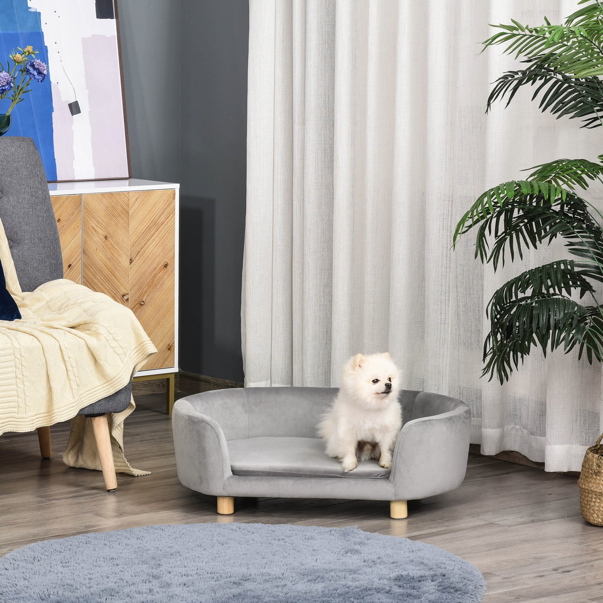 PawHut Haustiersofa Hundesofa Hundebett mit Holländischer Samt Schaumstoff Birke Bein für Katzen Hunde 86 x 55 x 33 cm Hellgrau