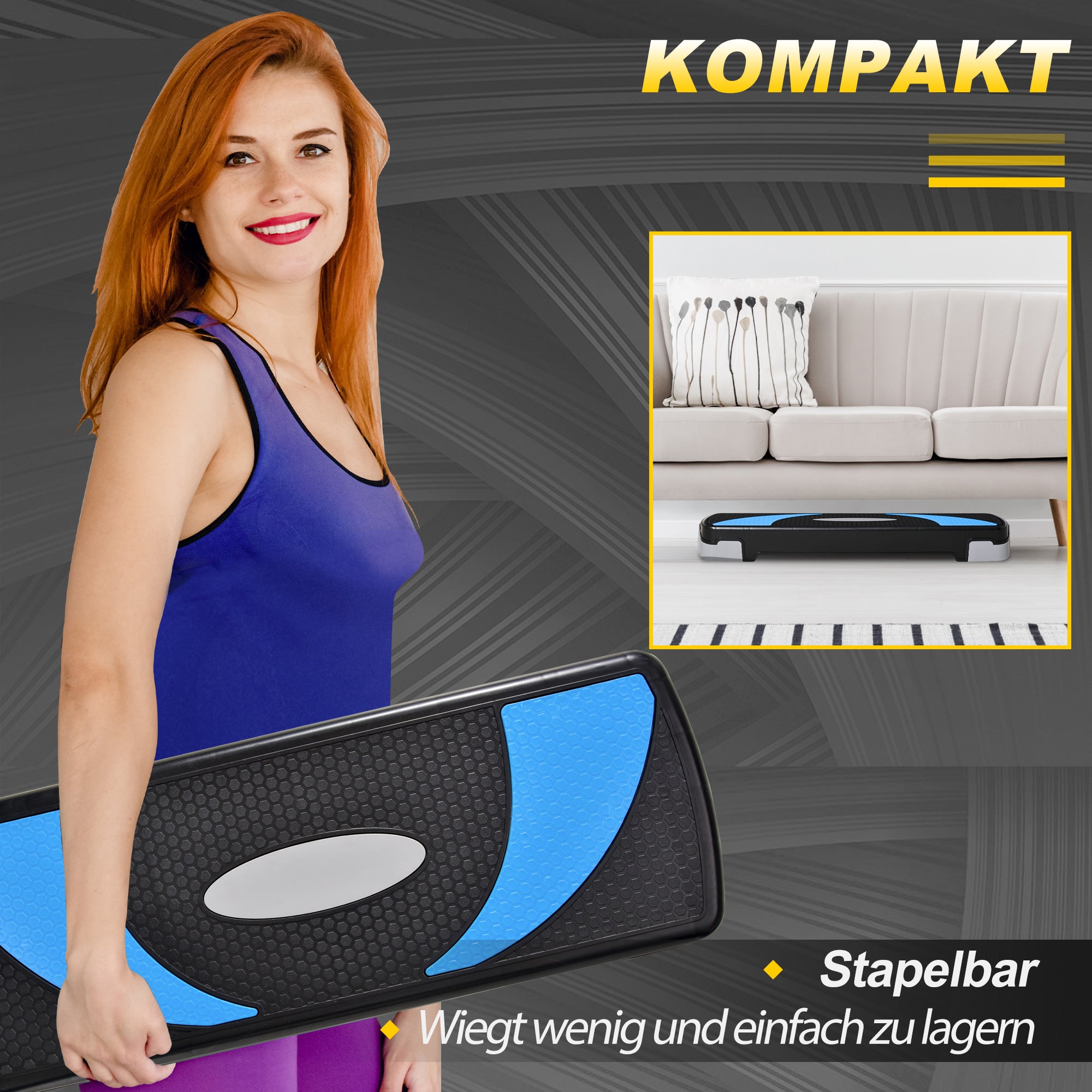 HOMCOM Aerobic-Stepper 3-stufig höhenverstellbar 80 x 31 x 20 cm Schwarz+Hellblau+Grau