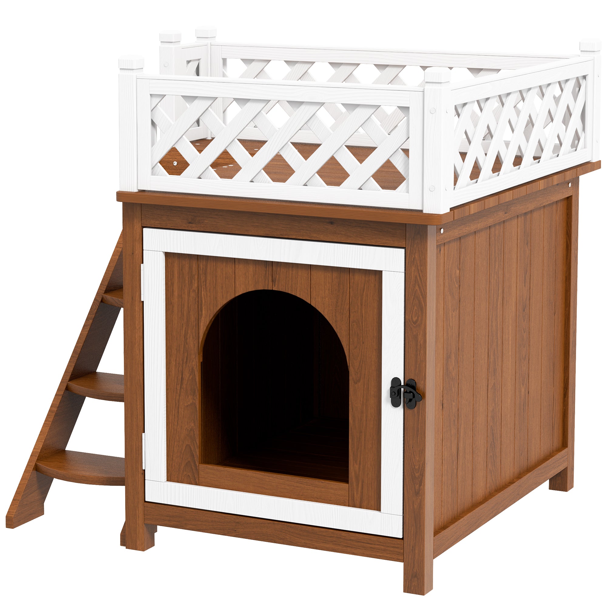 PawHut Katzenhaus, zweistöckig, mit Balkon und Treppe, für drinnen und draußen, für Katzen und Kaninchen, Tannenholz, Braun