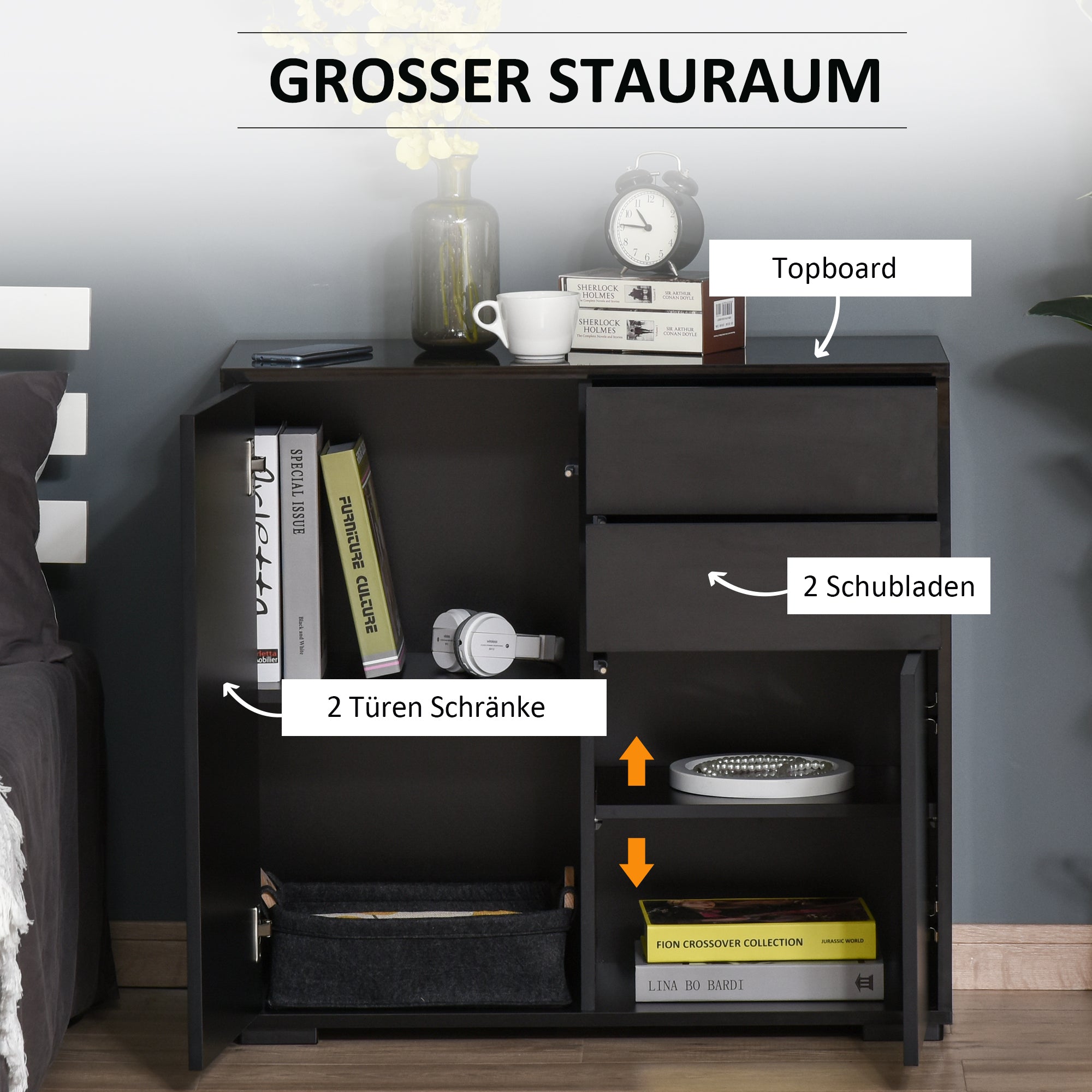 HOMCOM Aufbewahrungsschrank mit 2 Schubladen, 2 Türen, mit Kippschutz, für Wohnzimmer, Schlafzimmer, 79 x 36 x 74 cm, Schwarz