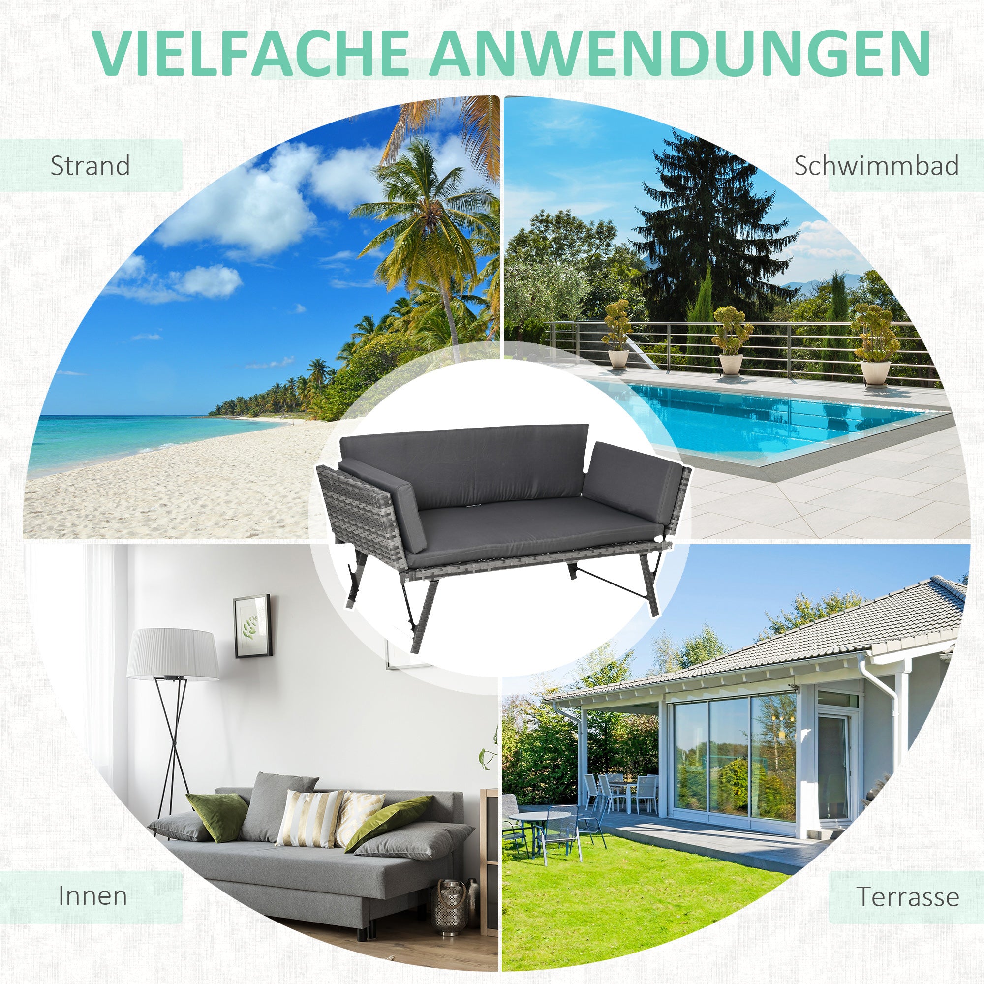 Outsunny Polyrattan Gartensofa 2 Sitzer Gartenmöbel Loungesofa Gartenbank Gartenliege klappbar Armlehnen Stahl Grau 129 x 63 x 67 cm