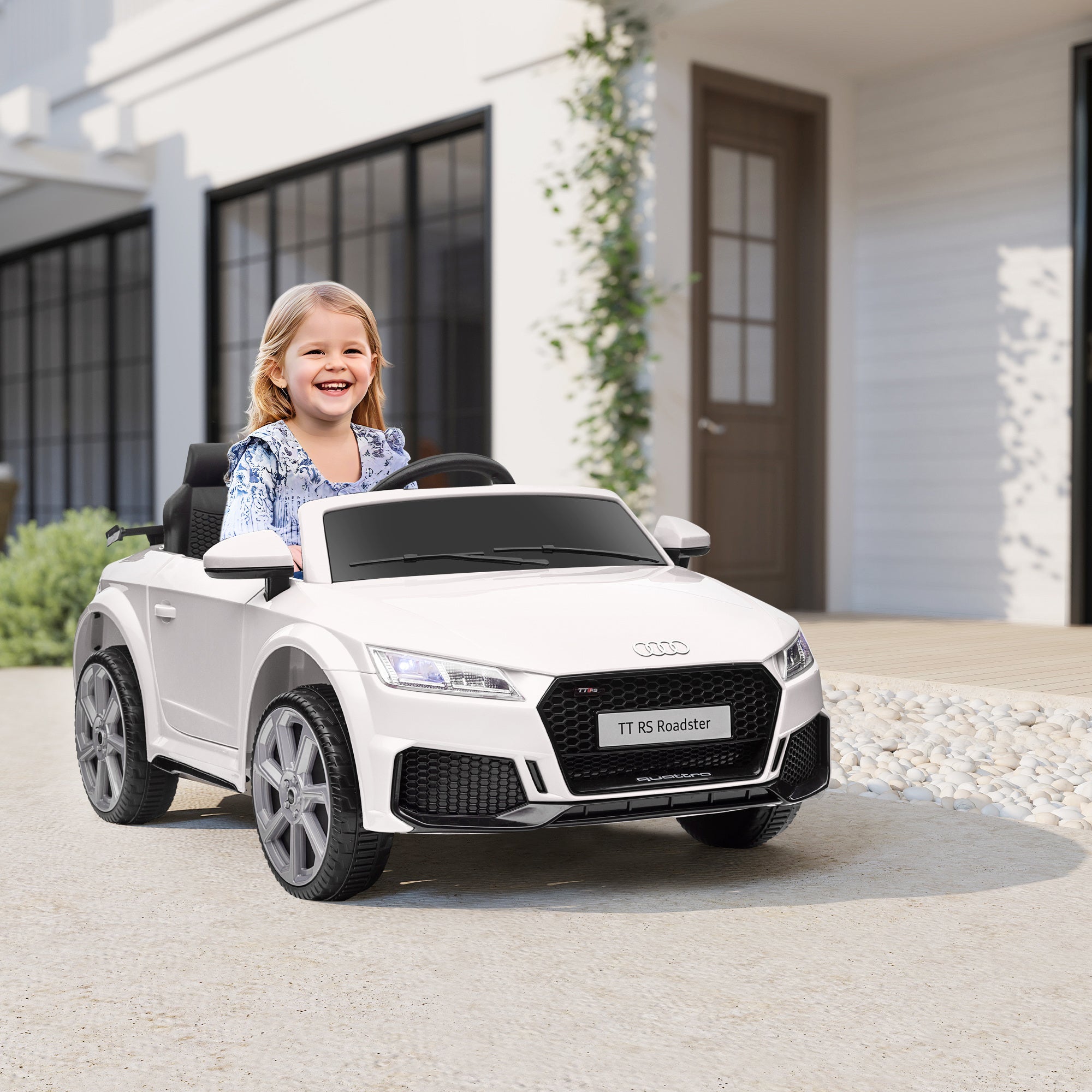 HOMCOM Kinder-Elektroauto, Audi TT RS Roadster, 3 km/h, Fernbedienung, LED, USB, Weiß