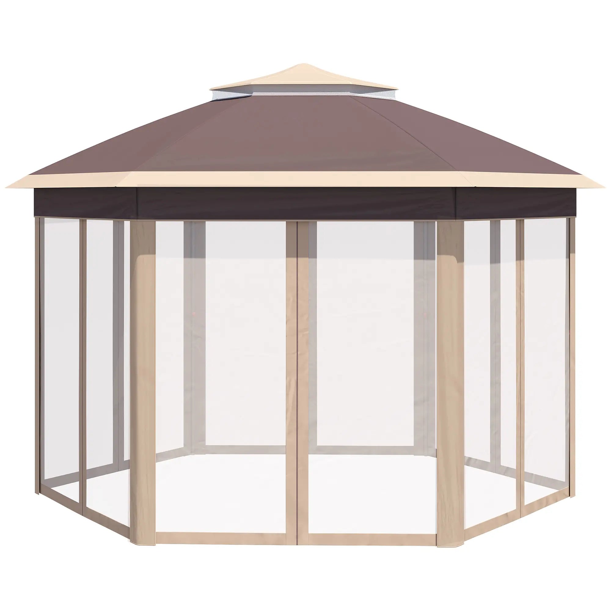 Outsunny Pavillon 4x4?m sechseckig mit Doppeldach Beige