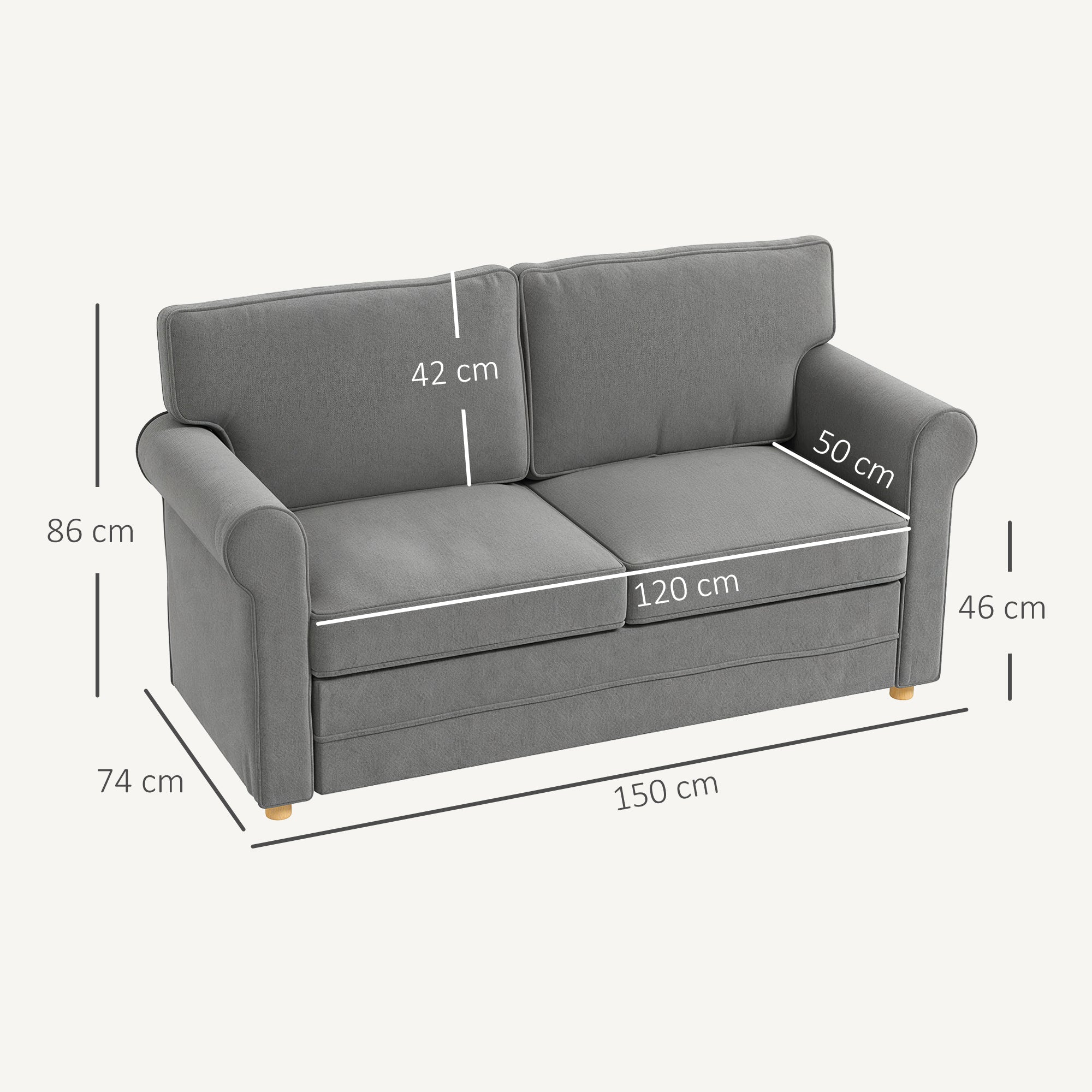 HOMCOM 2-Sitzer-Sofa, Kompakte Wohnzimmercouch, Stoff in Leinenoptik, weiche Sitzkissen, Stahlrahmen, Dunkelgrau