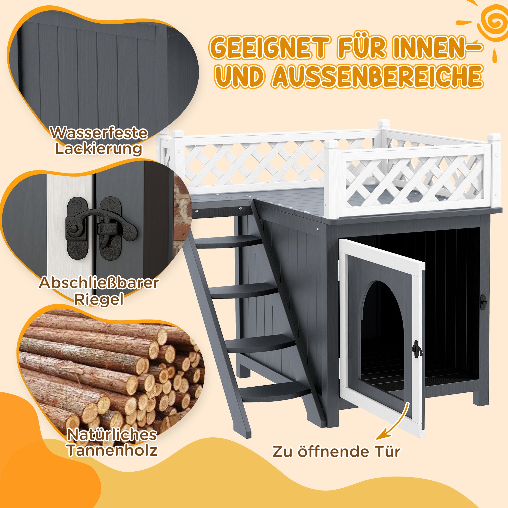 PawHut Katzenhaus, zweistöckig, mit Balkon und Treppe, für drinnen und draußen, für Katzen und Kaninchen, Tannenholz, Grau