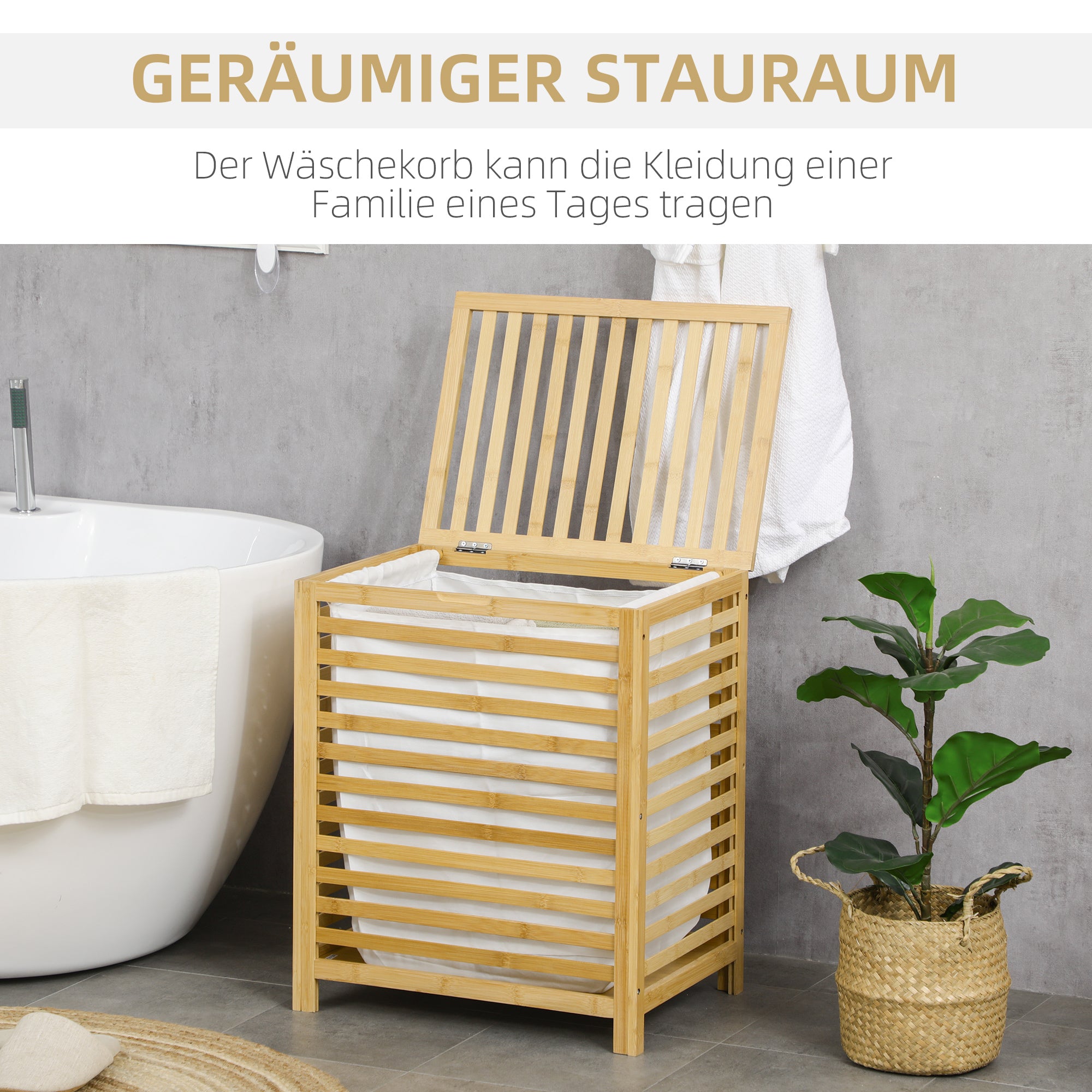 HOMCOM Wäschekorb aus Bambus, herausnehmbarer Wäschesack, wasserbeständig, Natur + Beige