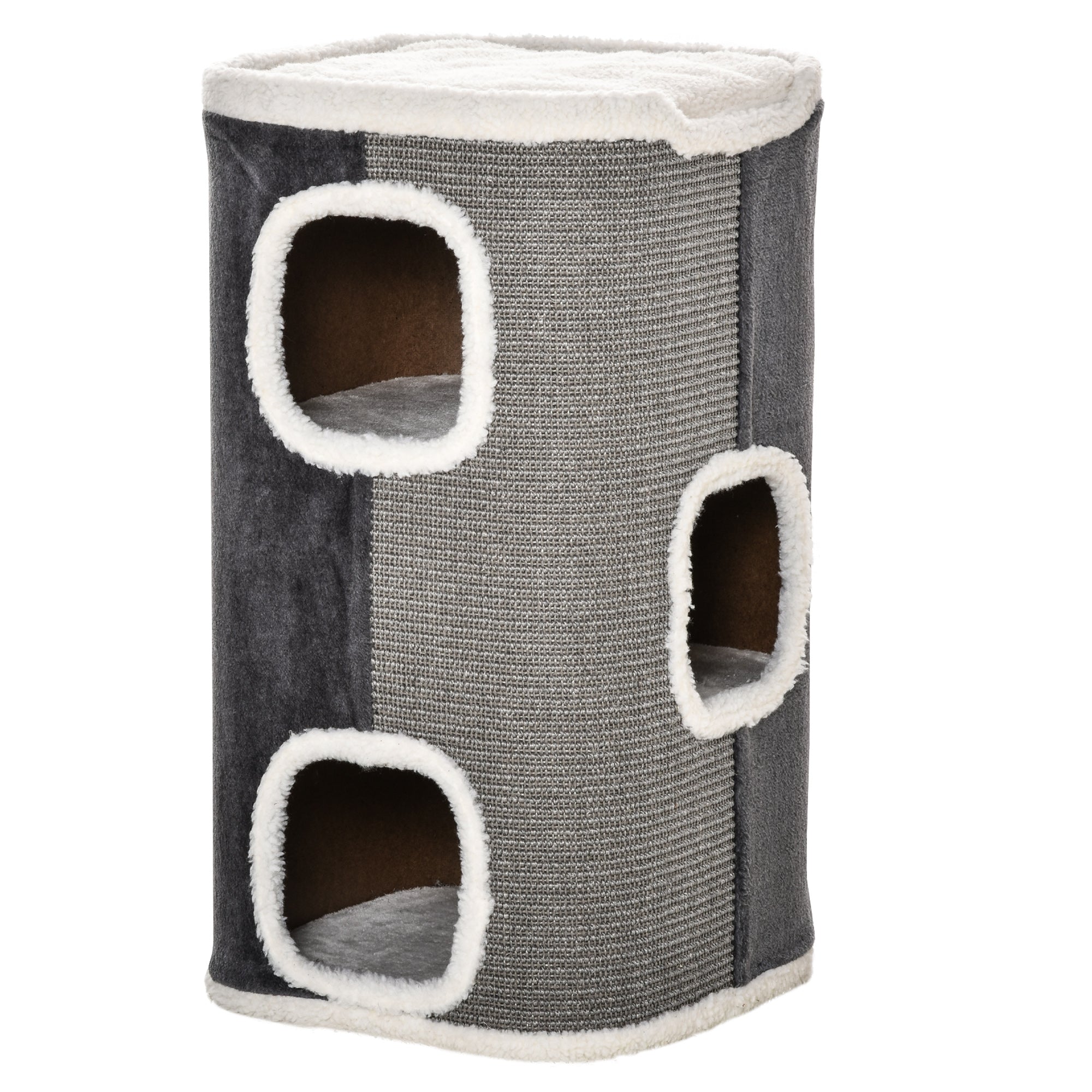 PawHut Kratztonne für Katzen Katzenkratzbaum 3 Ebenen Katzenbaum Kletterbaum für Katzen Katzenmöbel Spanplatte samtartiges Polyester Sisal Grau+Weiß 40 x 40 x 74 cm