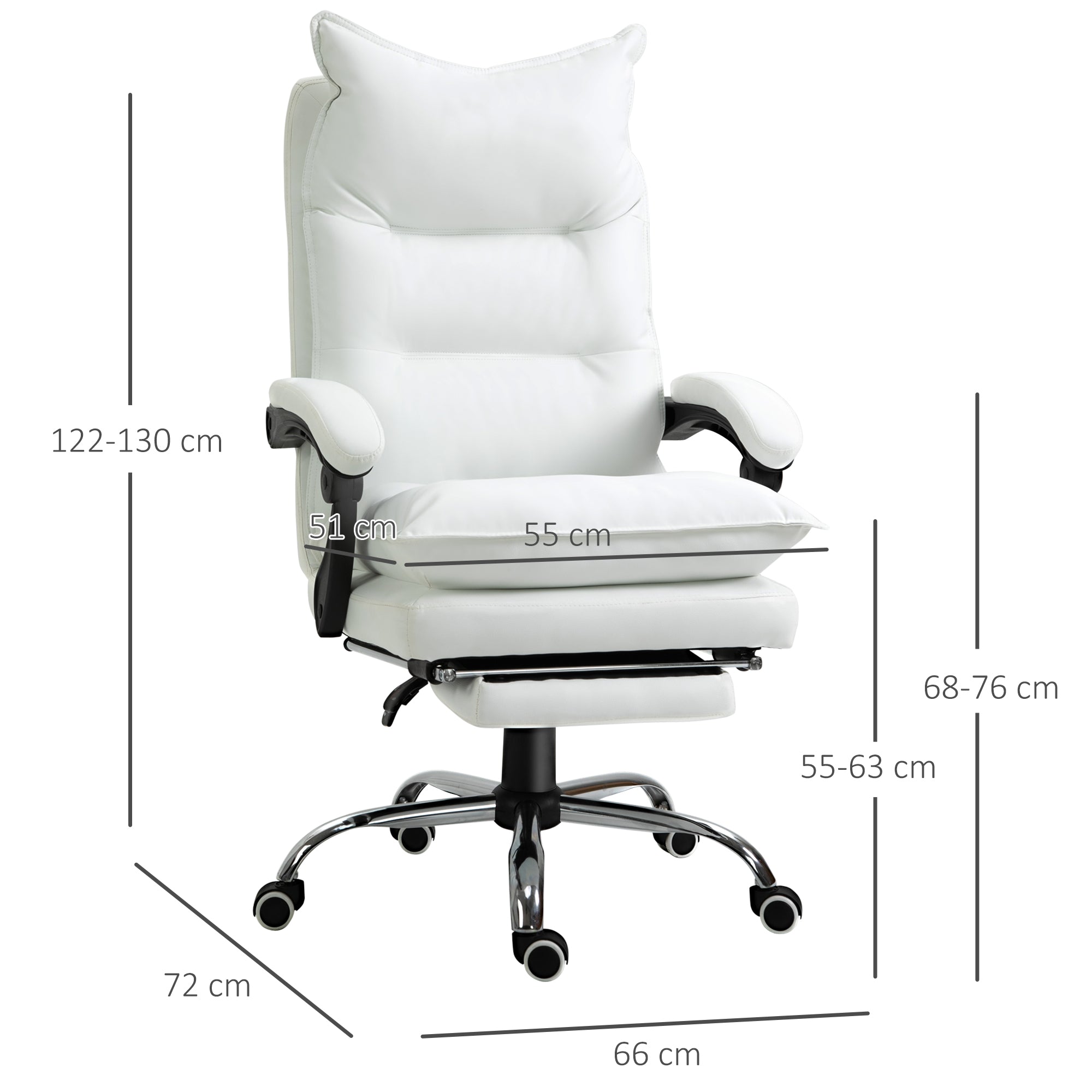 Vinsetto Bürostuhl mit Liegefunktion, ergonomisch höhenverstellbar mit Fußstütze, gepolstert, bis 135 kg belastbar, 66 x 72 x 122-130 cm, Weiß