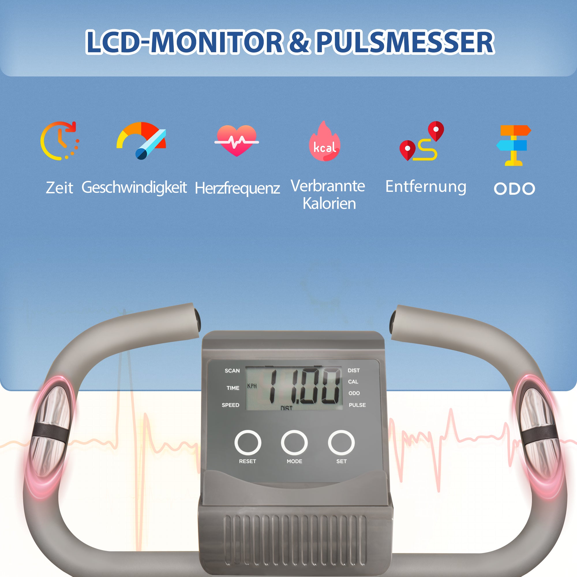 HOMCOM Heimtrainer X-Bike 2-in-1 Fahrradtrainer mit LCD-Display,Pulsmesser, klappbarer Hometrainer Trimmrad mit 8 stufig Magnetwiderstand, 1 Paar Spannseil, Stahl Grau 105x48x118 cm