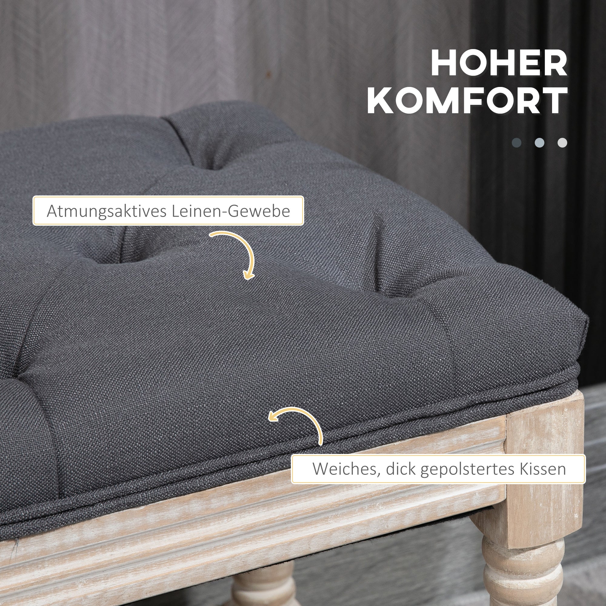 HOMCOM Sitzbank mit Stauraum, Vintage-Design, Knopfheftung, Kautschukbaumholz, 115x40x48cm, Grau