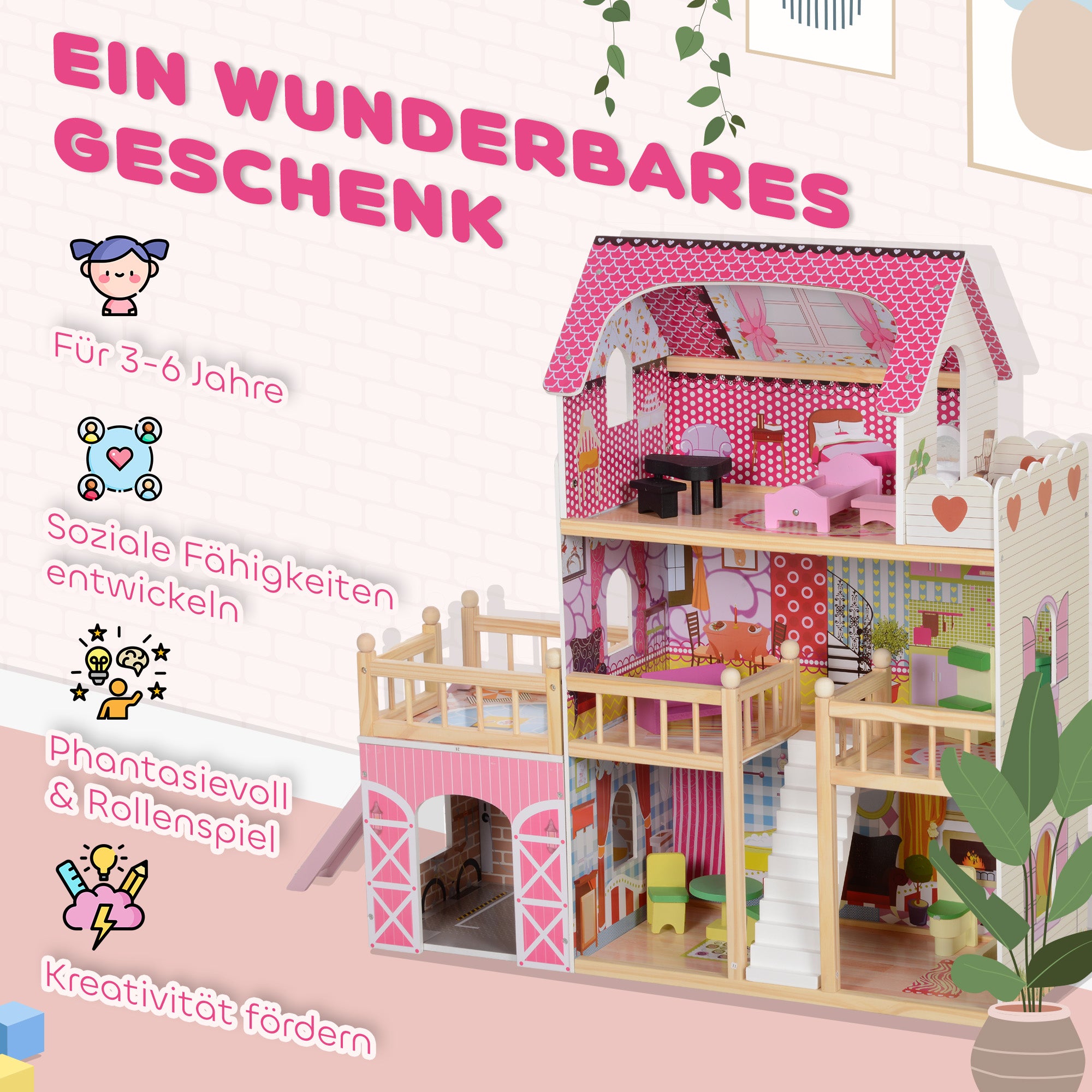 AIYAPLAY Puppenhaus, 3 Etagen, 13 Möbelstücke, Garage, Rutschen & Balkon, 114 x 32 x 92 cm, Rosa