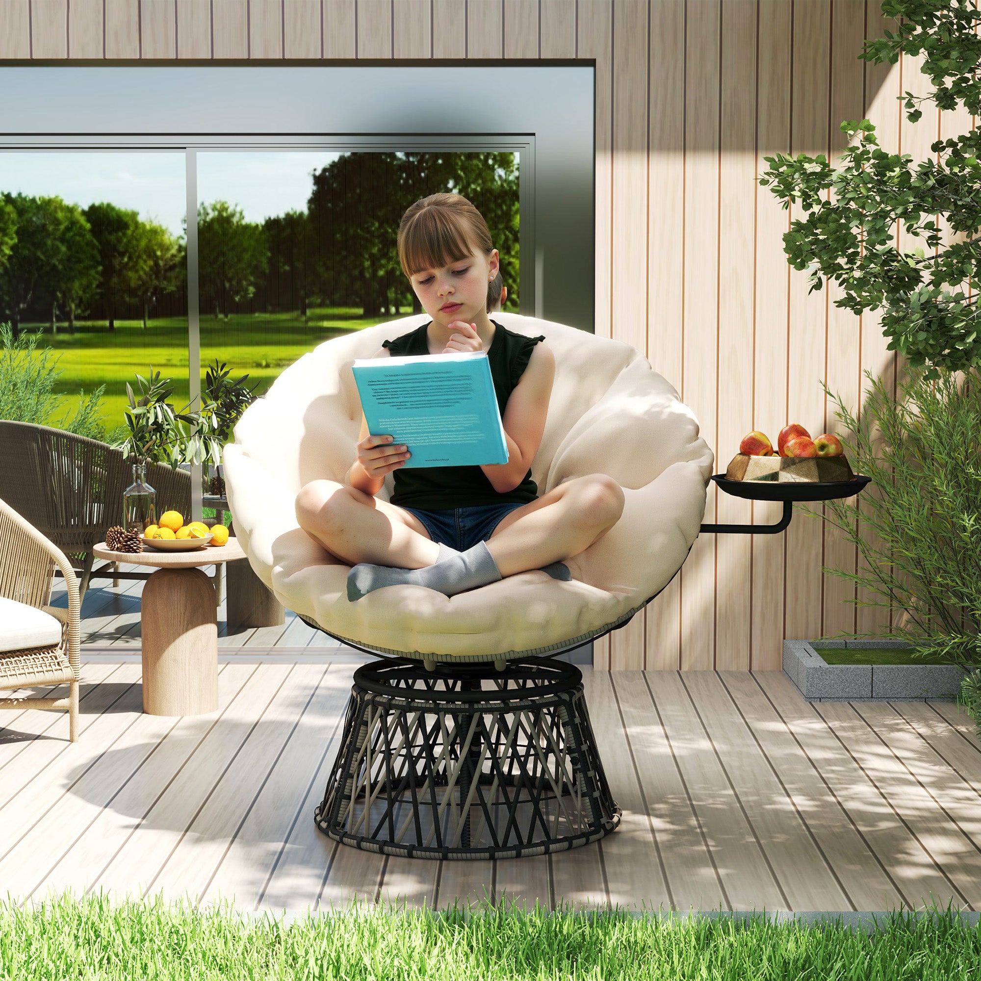 Outsunny Papasansessel Rattan 360° drehbar Korbsessel mit Kissen Durchmesser 90 cm runder Beige