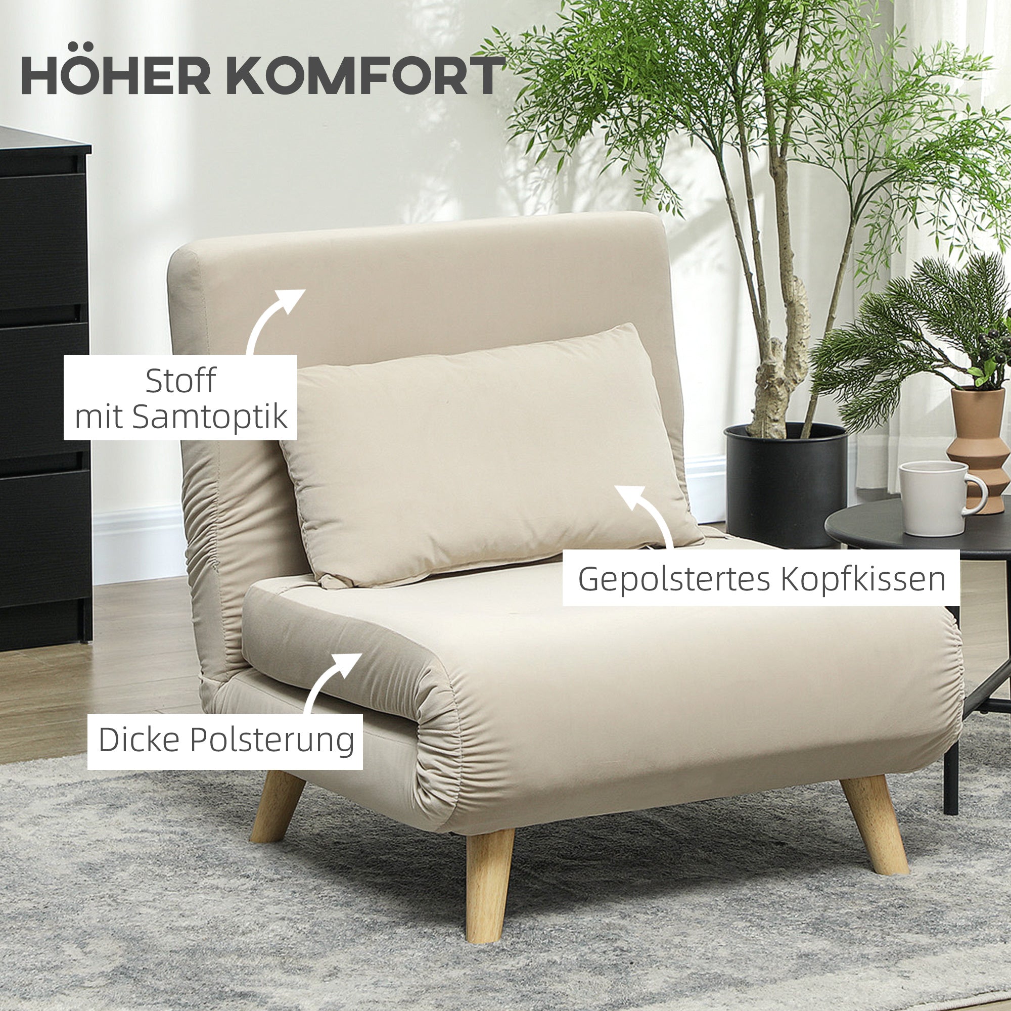 HOMCOM Klappsessel mit Bettfunktion, Klappbarer Relaxsessel in Samtoptik, Verstellbare Lehne, bis 120 kg belastbar, Beige