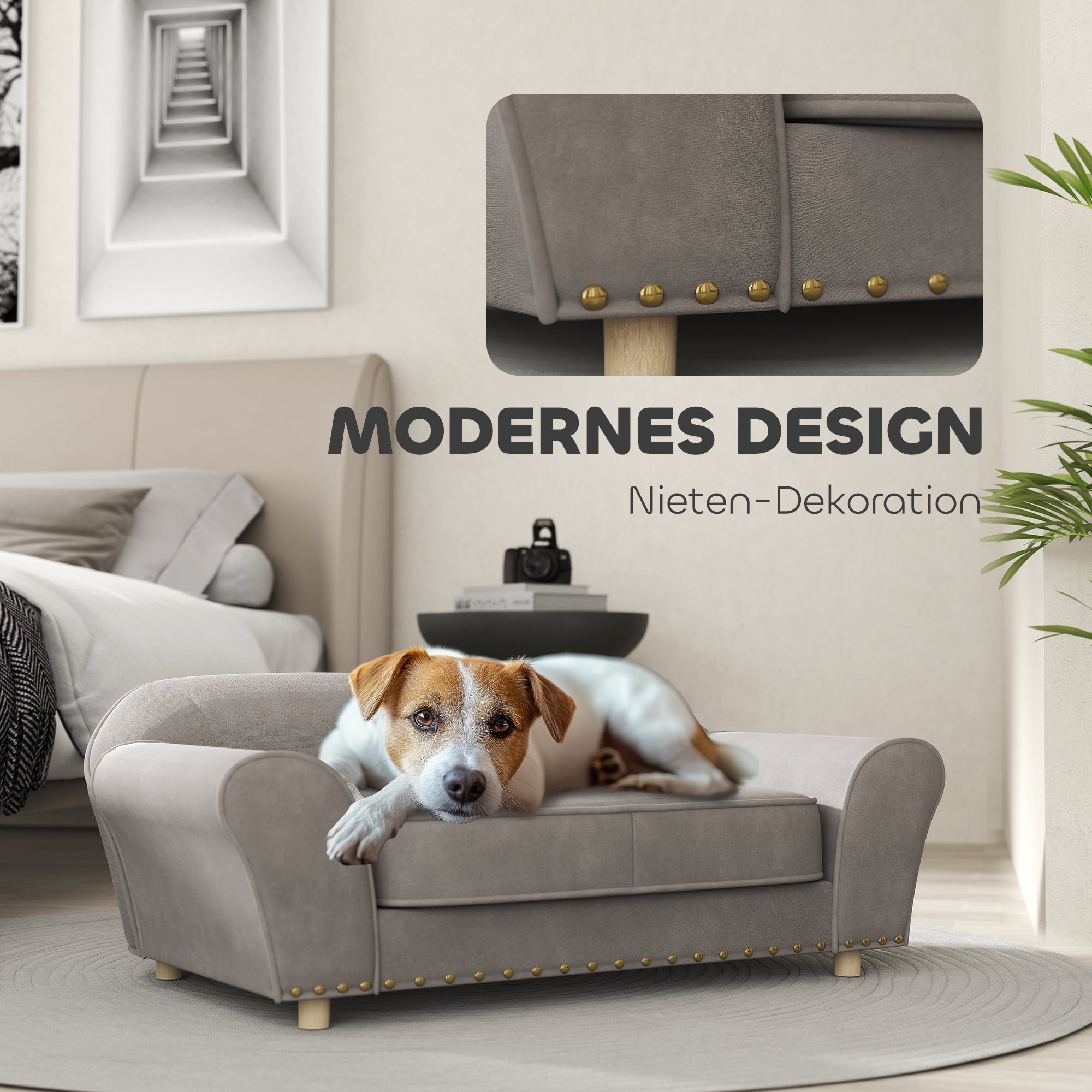 PawHut Hundesofa, Hundebett mit Nieten, dickes Kissen, abnehmbarer Bezug, rutschfeste Füße, 86,5x52,5x33 cm, Grau