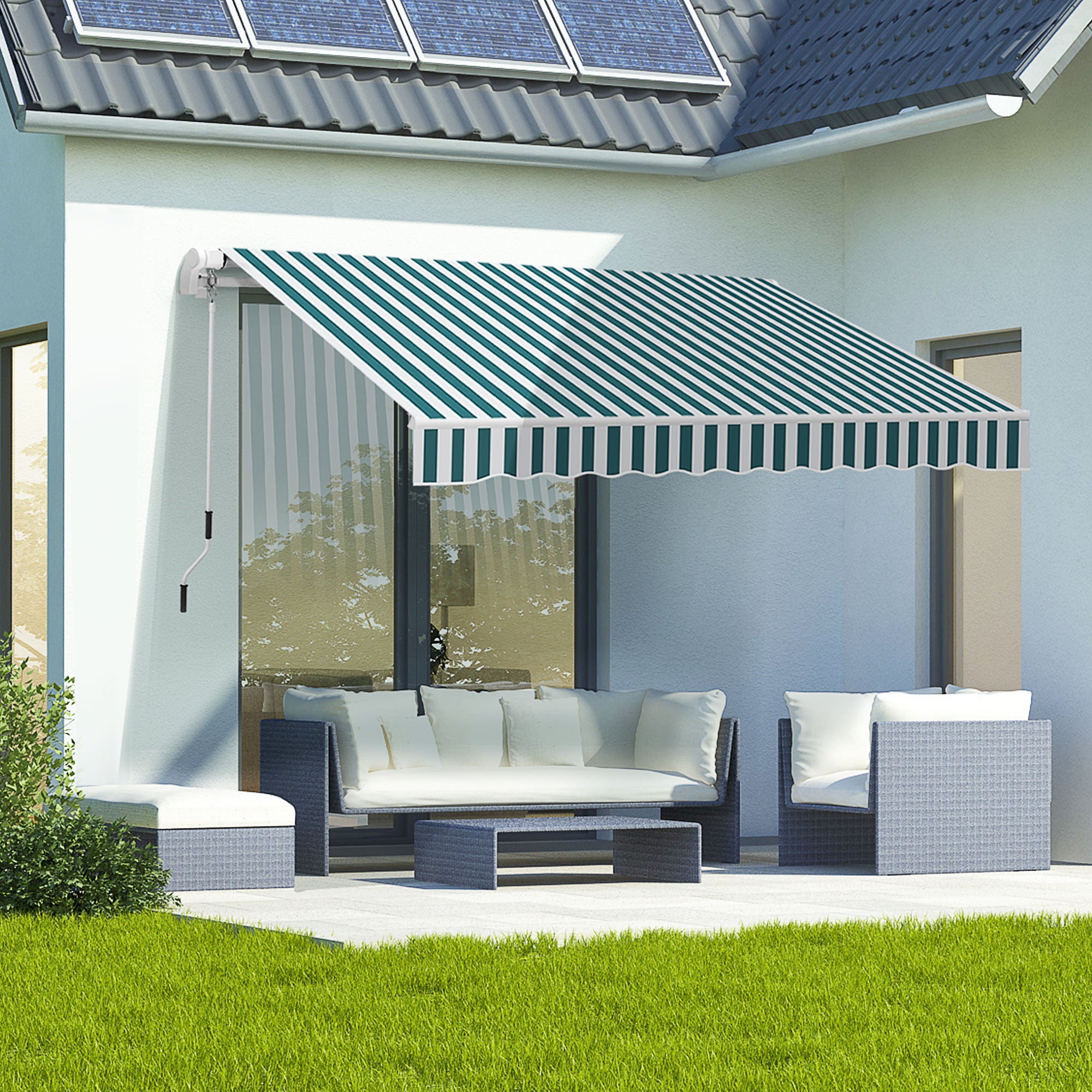 Outsunny Markise, Sonnenschutz, einfahrbar, mit Handkurbel, Metallrahmen, Polyester, weiß+grün, 3,95 x 2,45 m