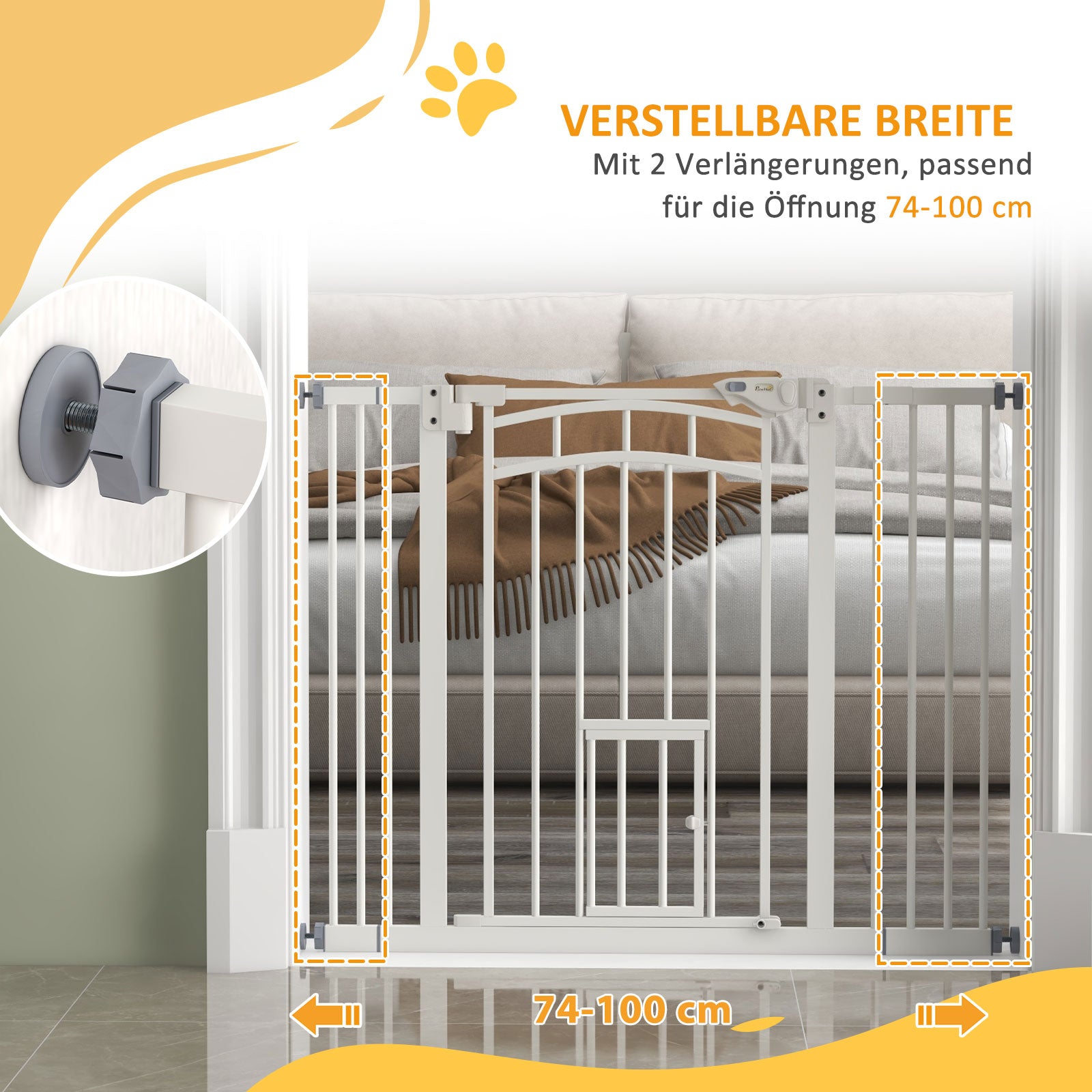 PawHut Treppenschutzgitter Hundeschutzgitter, automatisches Schließen, Einhandbedienung,100 cm x 4 cm x 76 cm, Weiß