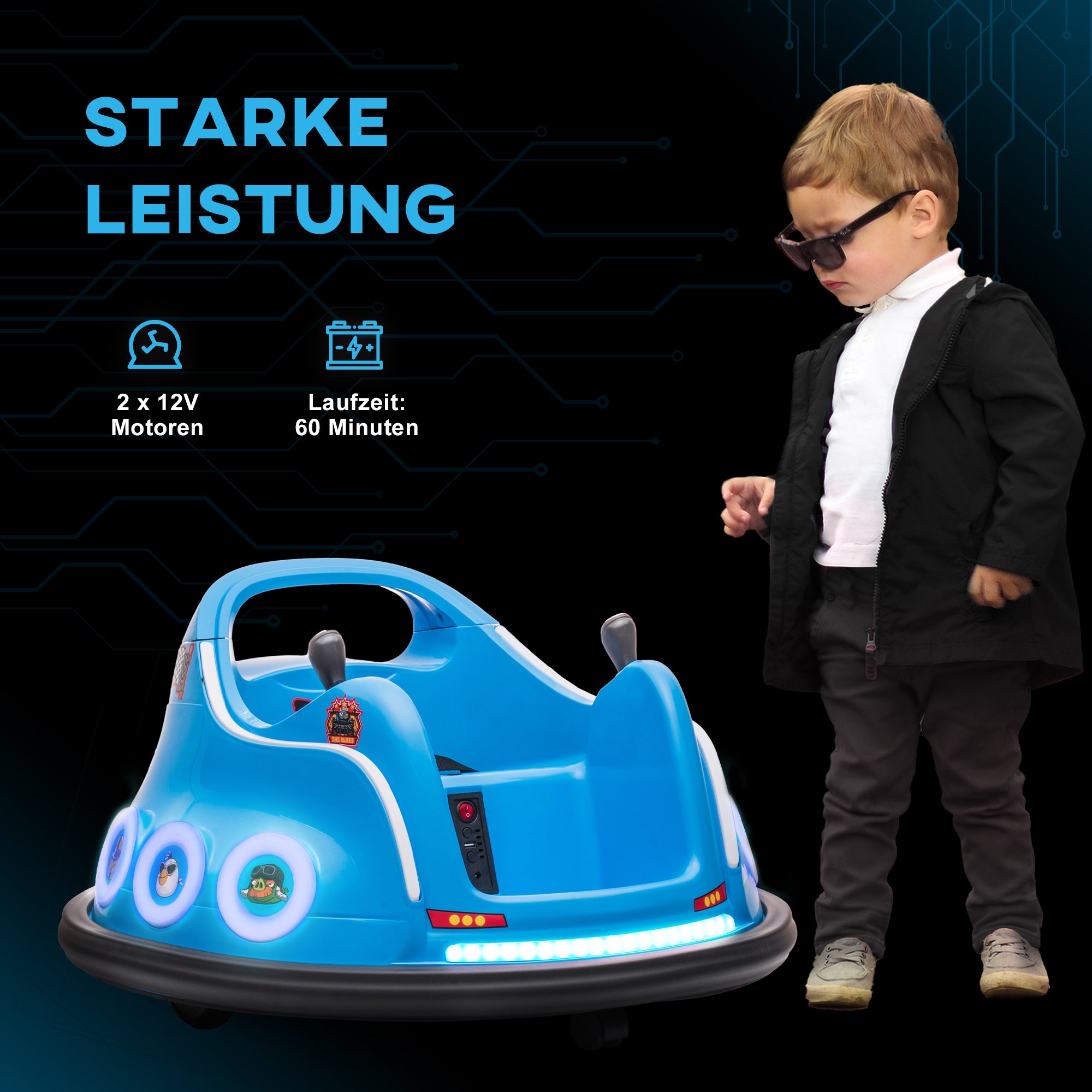 AIYAPLAY Kinder-Autoscooter, 360°-Drehung, für 3-5 Jahre, mit Fernbedienung, Musik, Blau