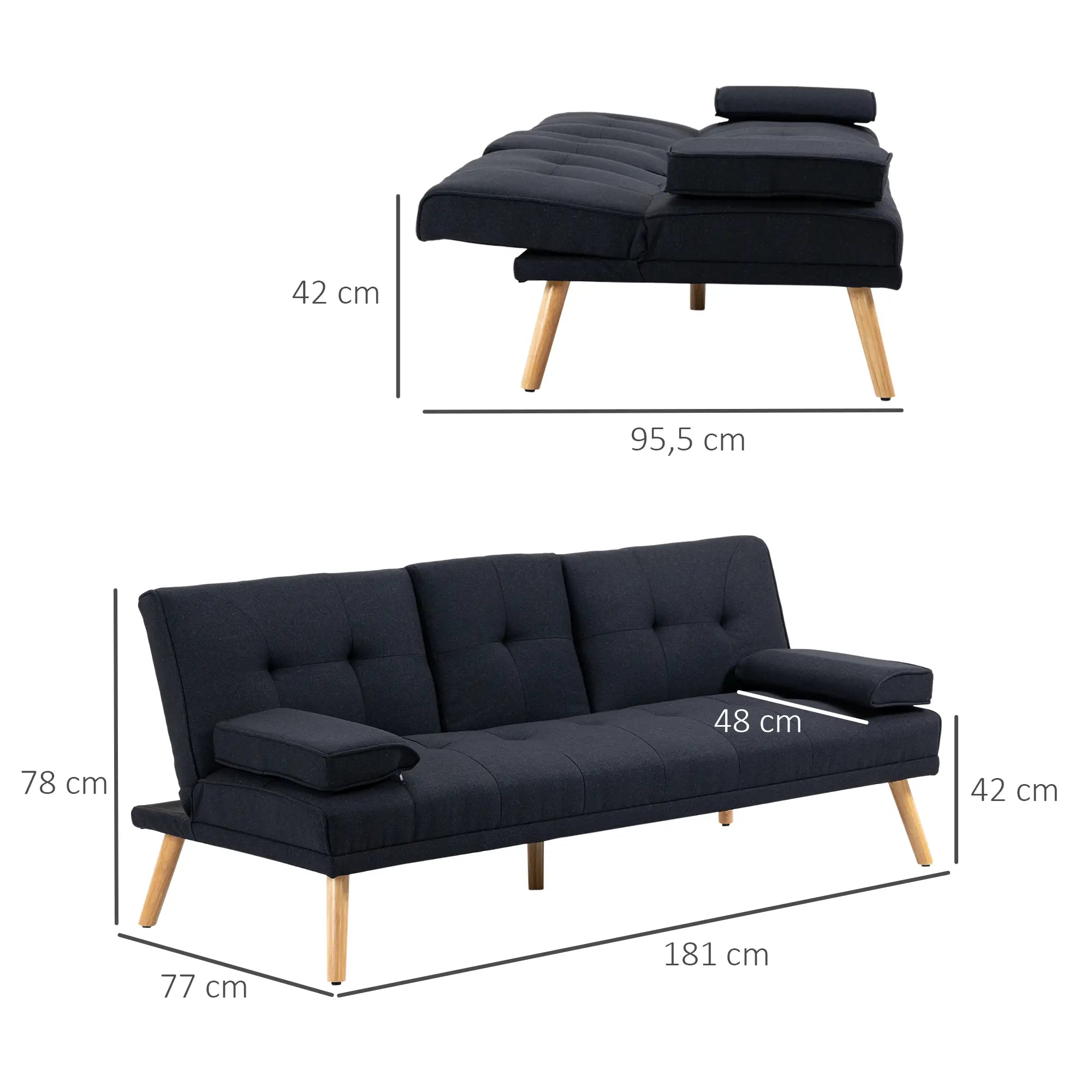 HOMCOM Schlafsofa, Gästebett, verstellbare Rückenlehne, klappbarer Tisch, 181x77x78 cm, Schwarz