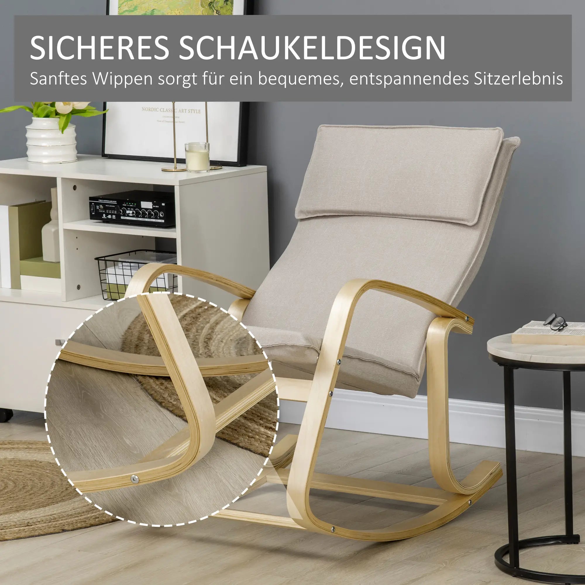 HOMCOM Schaukelstuhl Relaxsessel mit Kopfstütze Massivholz