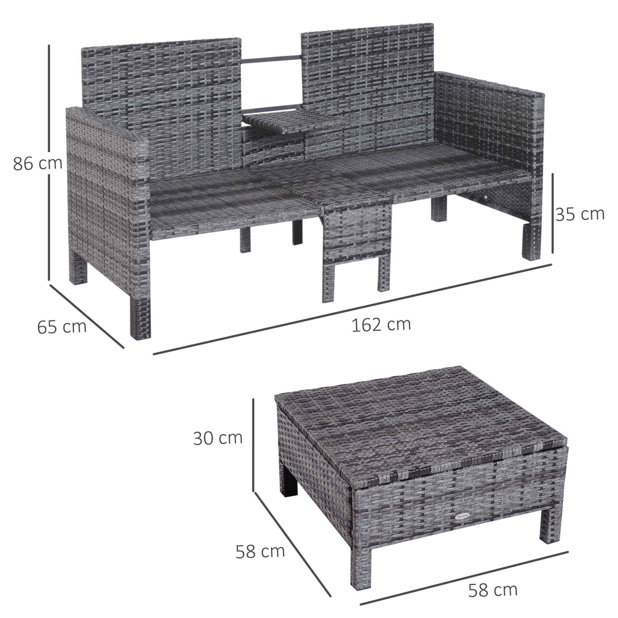 Outsunny Gartengarnitur, Sitzgruppe, 3-tlg., Outdoor-Sofa, 2 Hocker, 2-5 Personen, Sitzkissen, Rattanoptik, grau