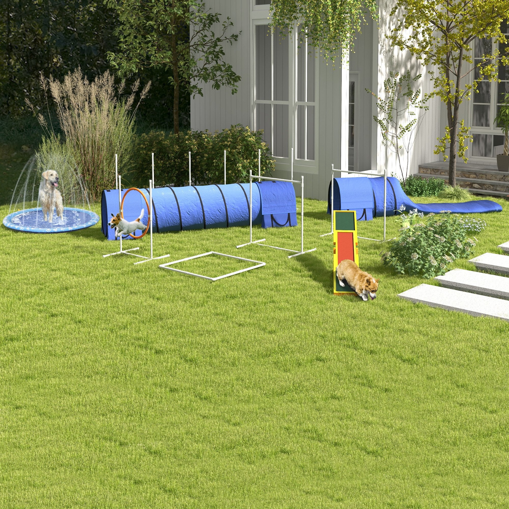 PawHut Hunde-Agiliy-Set Hundeparcours, 1 Reifen, 2 Tunnel 2 Hürden, 321 cm x 63c m x 93 cm, Blau + Rot+ Weiß