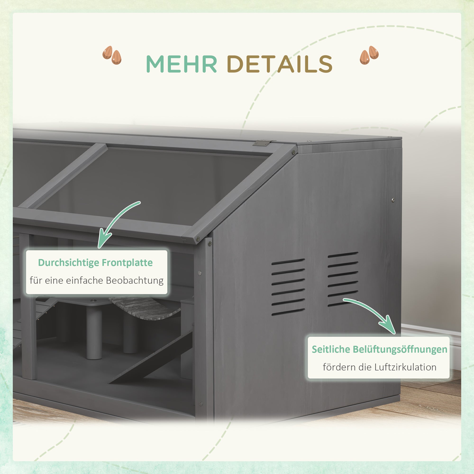 PawHut Kleintierkäfig Nagerkäfig, mit Zubehör, Tannenholz,100 cm x 52 cm x 50 cm, Grau