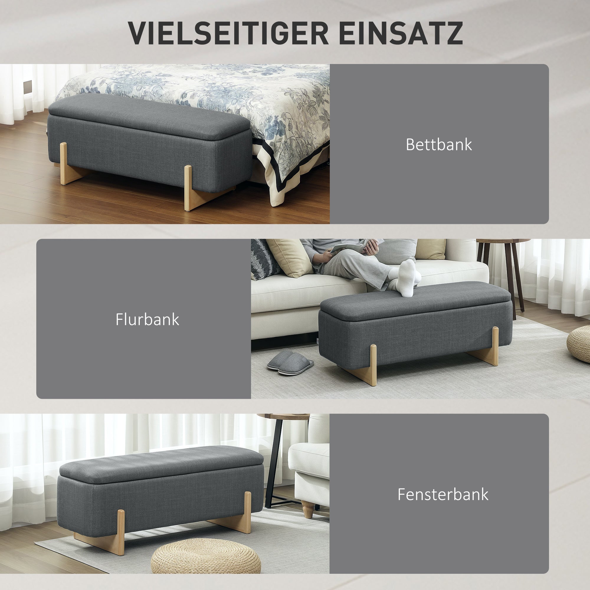 HOMCOM Hocker mit Stauraum, Sitzbank mit Schaumstoffpolsterung, Leinenimitat, 111 x 44 x 44,5 cm, Dunkelgrau