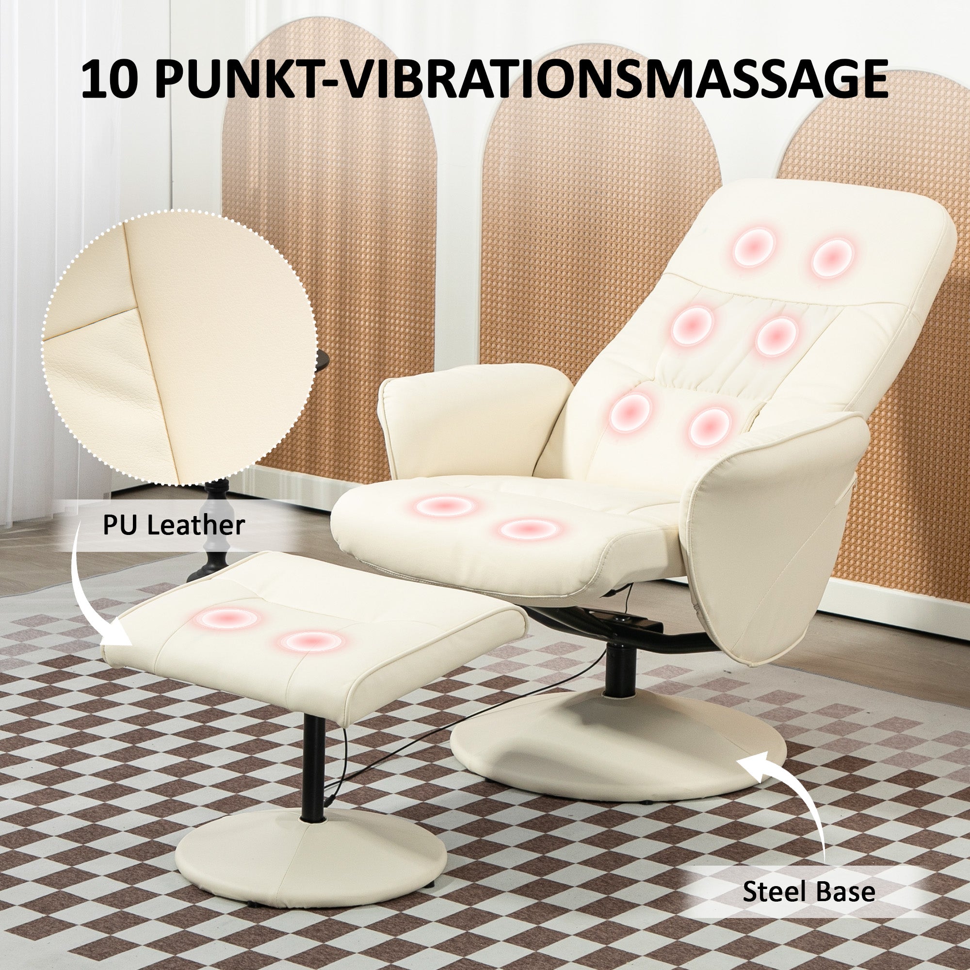 HOMCOM Massagesessel mit Fußhocker, Ergonomischer Stuhl mit 10 Vibrationspunkten, Kunstleder, 76 x 81 x 105 cm, Cremeweiß