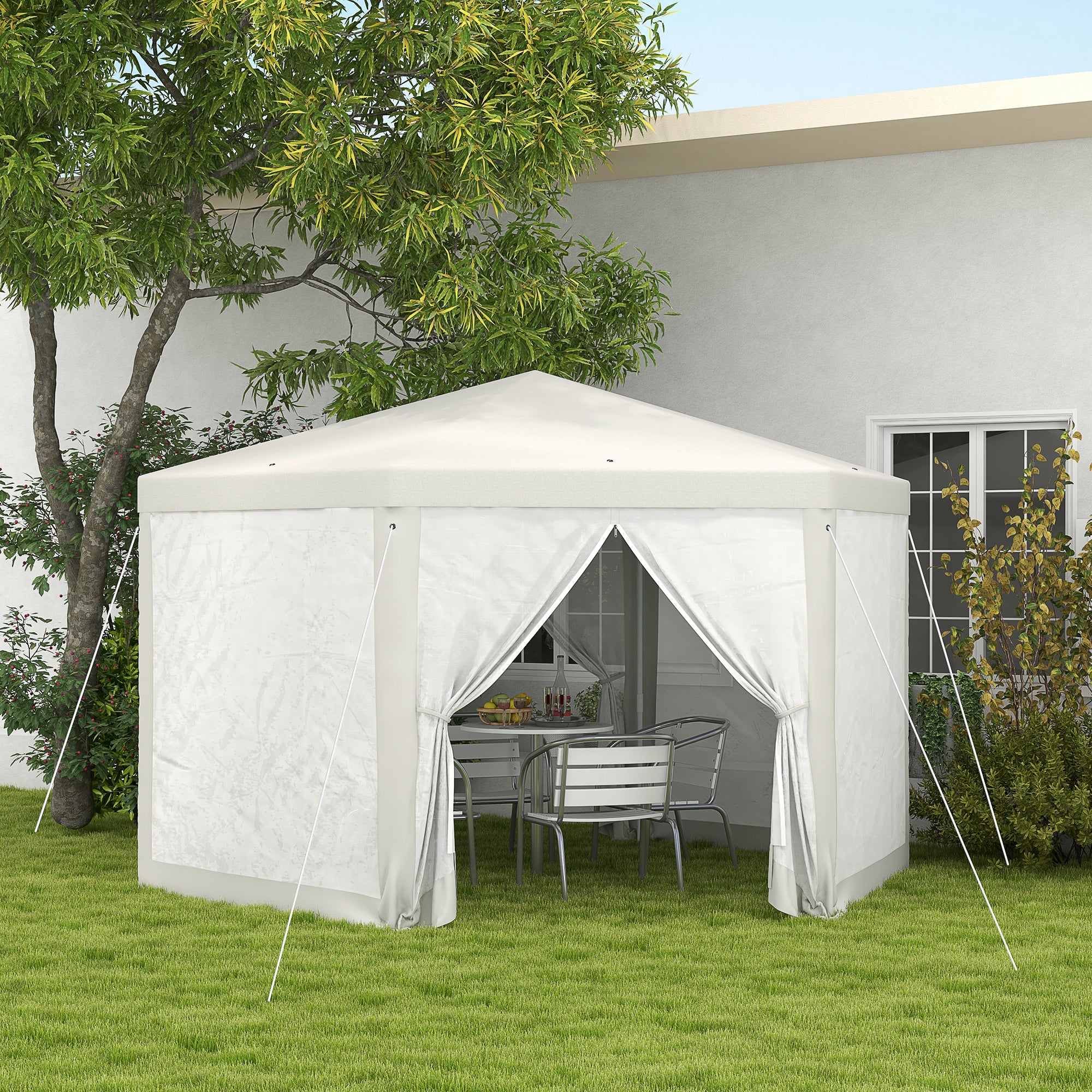 Outsunny Gartenpavillon, 6-eckig, Netzvorhänge, Metallgestell, 3,94x3,412x2,5m, Creme
