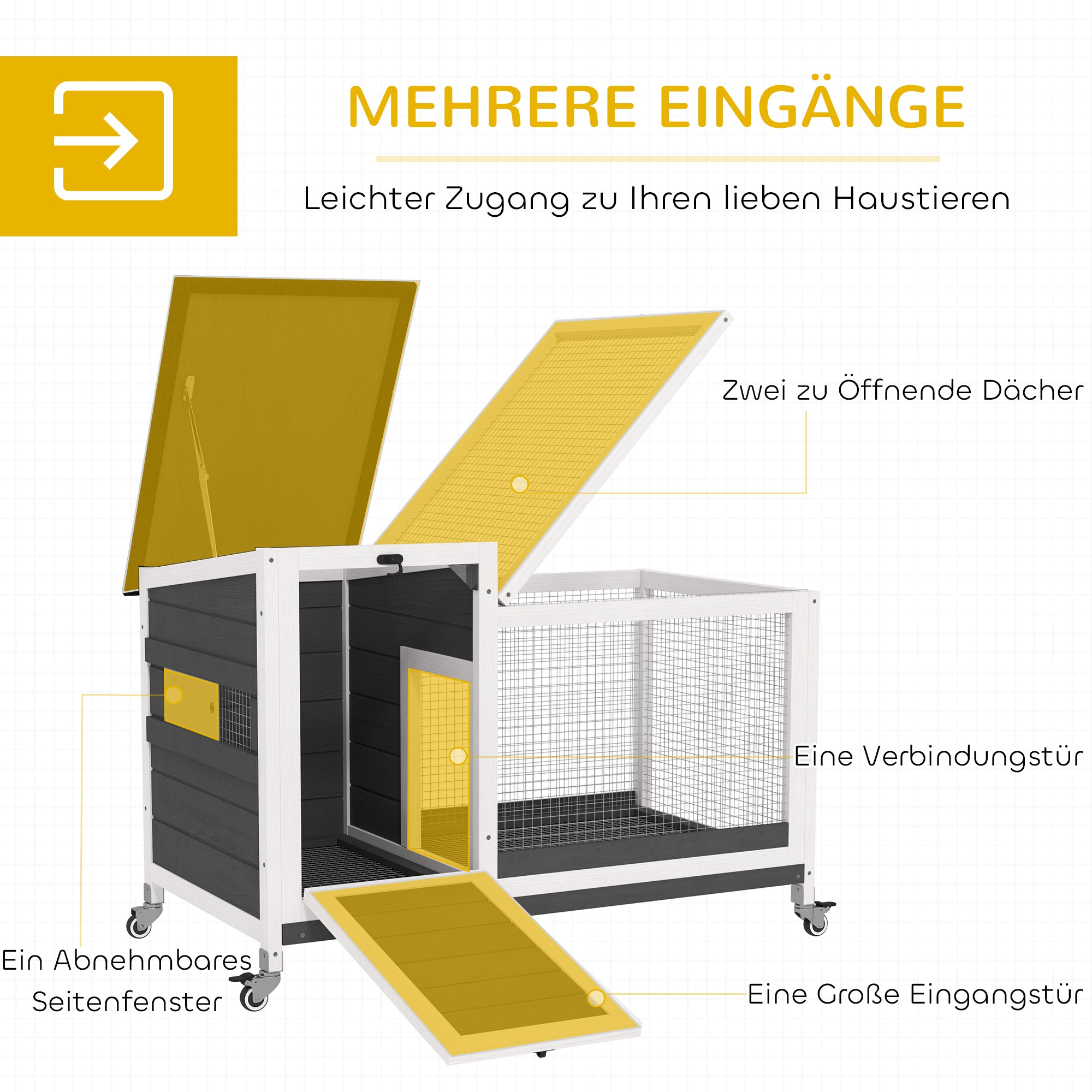PawHut Kaninchenstall aus Holz Hasenstall mit Freilaufgehege Rädern Klappdach für Innen, draußen 92 x 52 x 67 cm Dunkelgrau