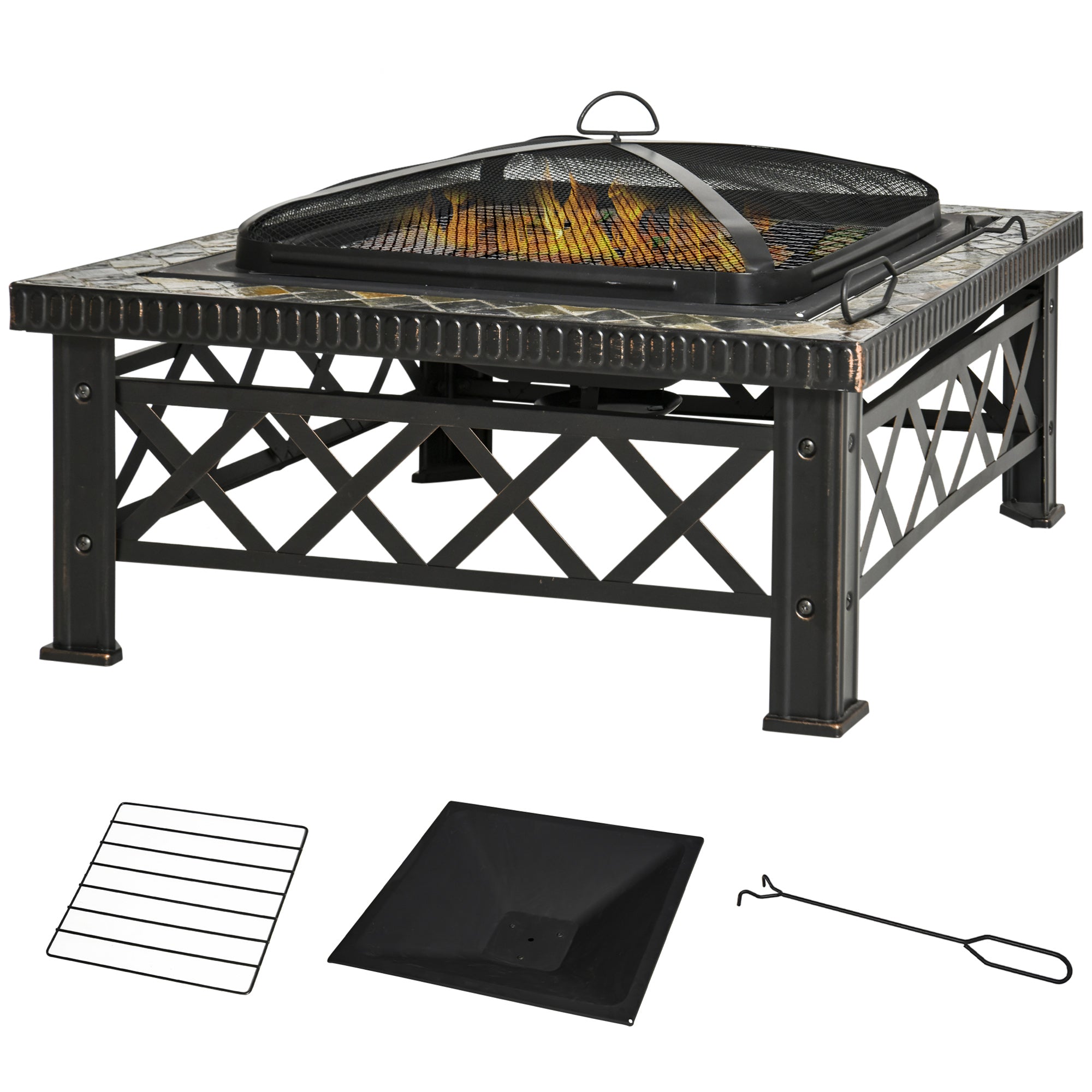 Outsunny 3-in-1 Feuerschale Feuerkorb Feuerstelle mit Funkenschutz Grillrost Eiskübel Garten BBQ Schwarz 76cm x 76cm x 47cm