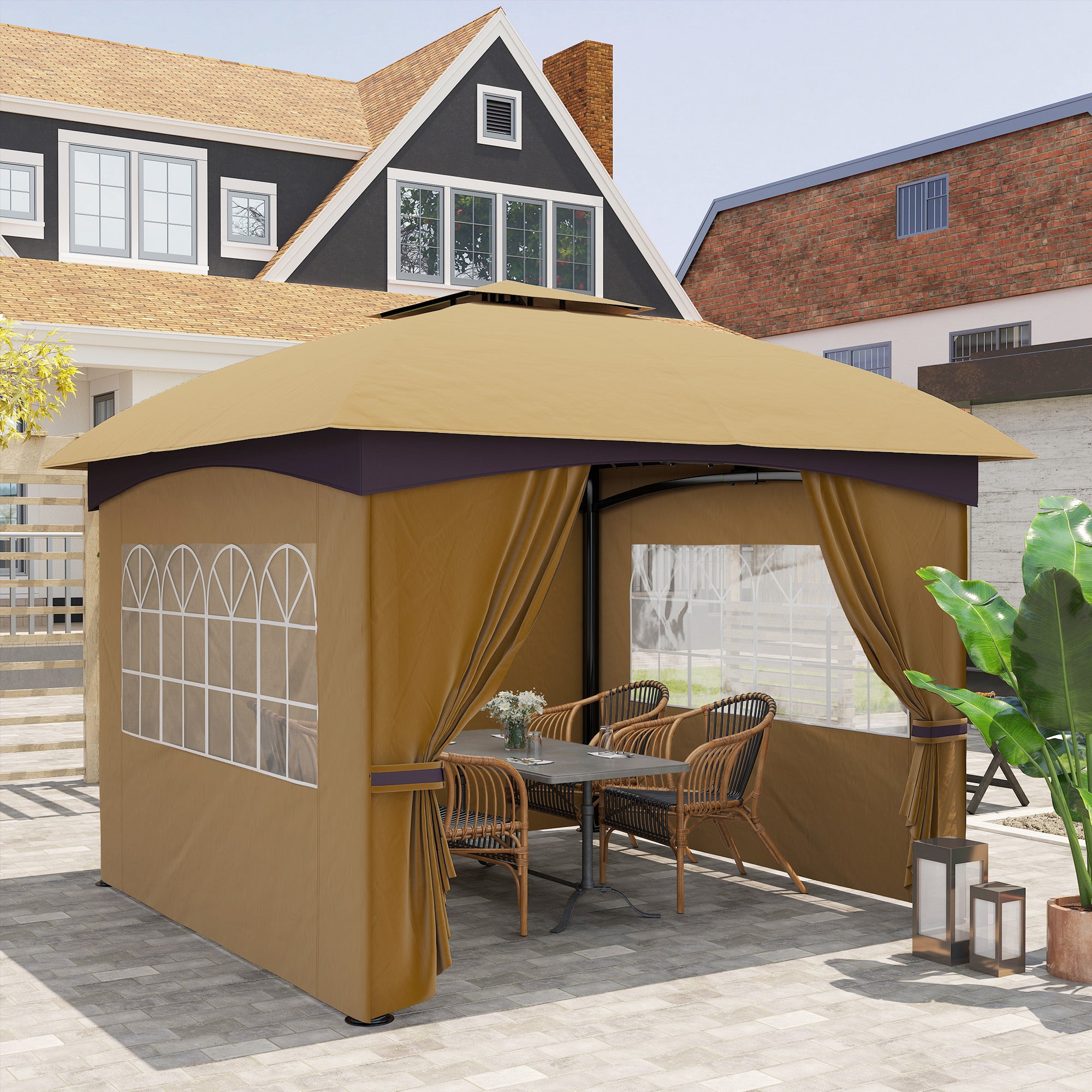 Outsunny 3,4 x 3,4 m Gartenpavillon, Bierzelt mit Lüftungsdach, Bogenfenstern, Stahlgestell, Beige
