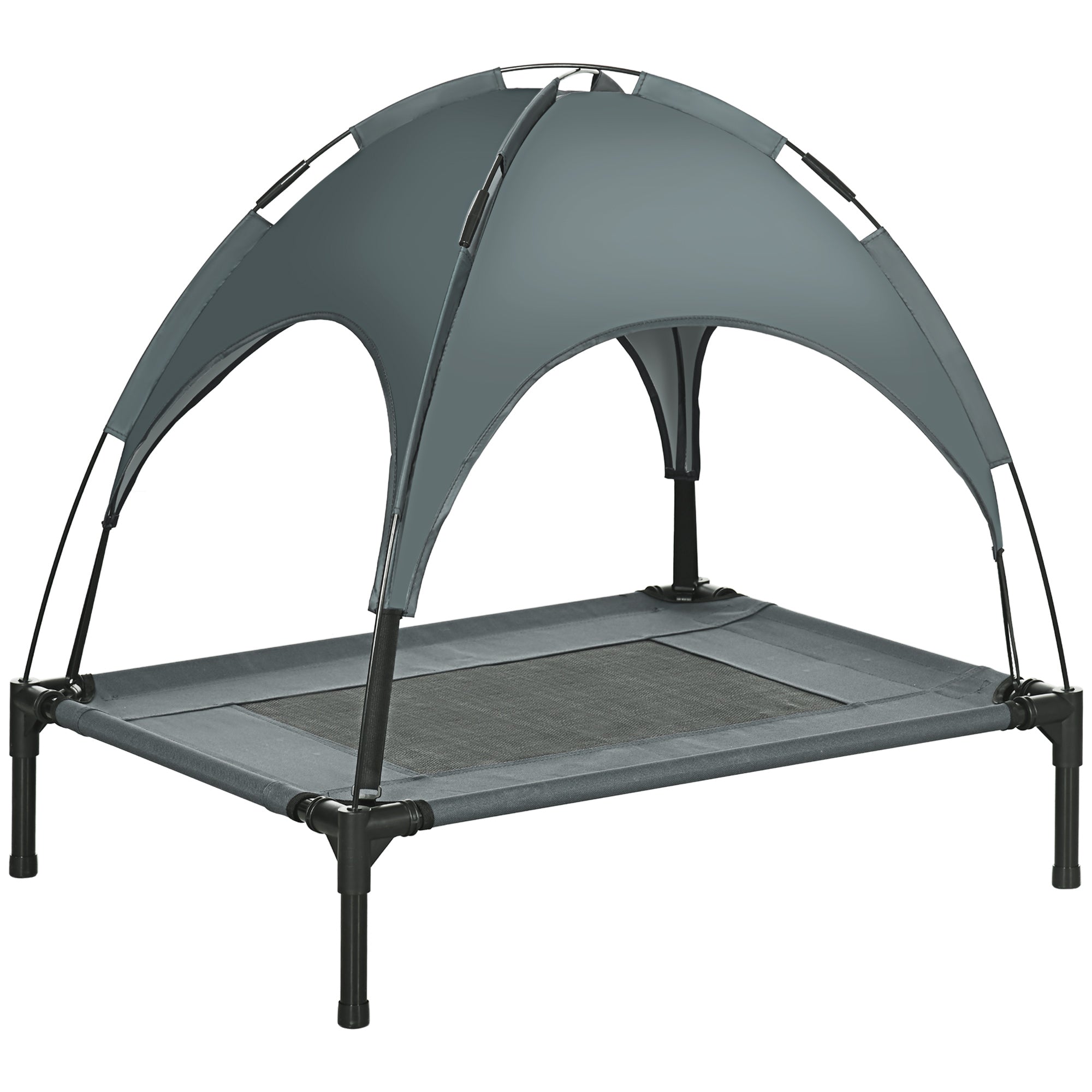 PawHut Erhöhtes Hundebett mit Baldachin, Haustierbett, Hundeliege outdoor mit Dach, Atmungsaktiv, Taftstoff für Camping Grau 76 x 61 x 73 cm