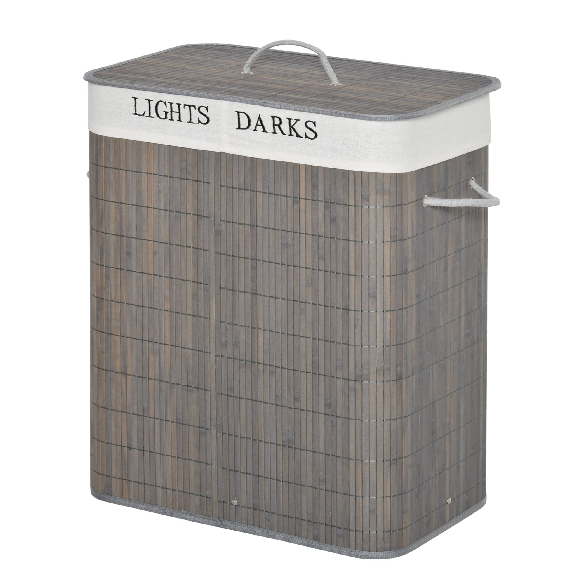 HOMCOM 100L Wäschekorb mit 3 Griffen, mit waschbarem Wäschesack, Bambus, Polyester, Baumwolle, Metall, 52 x 32 x 63 cm, Grau
