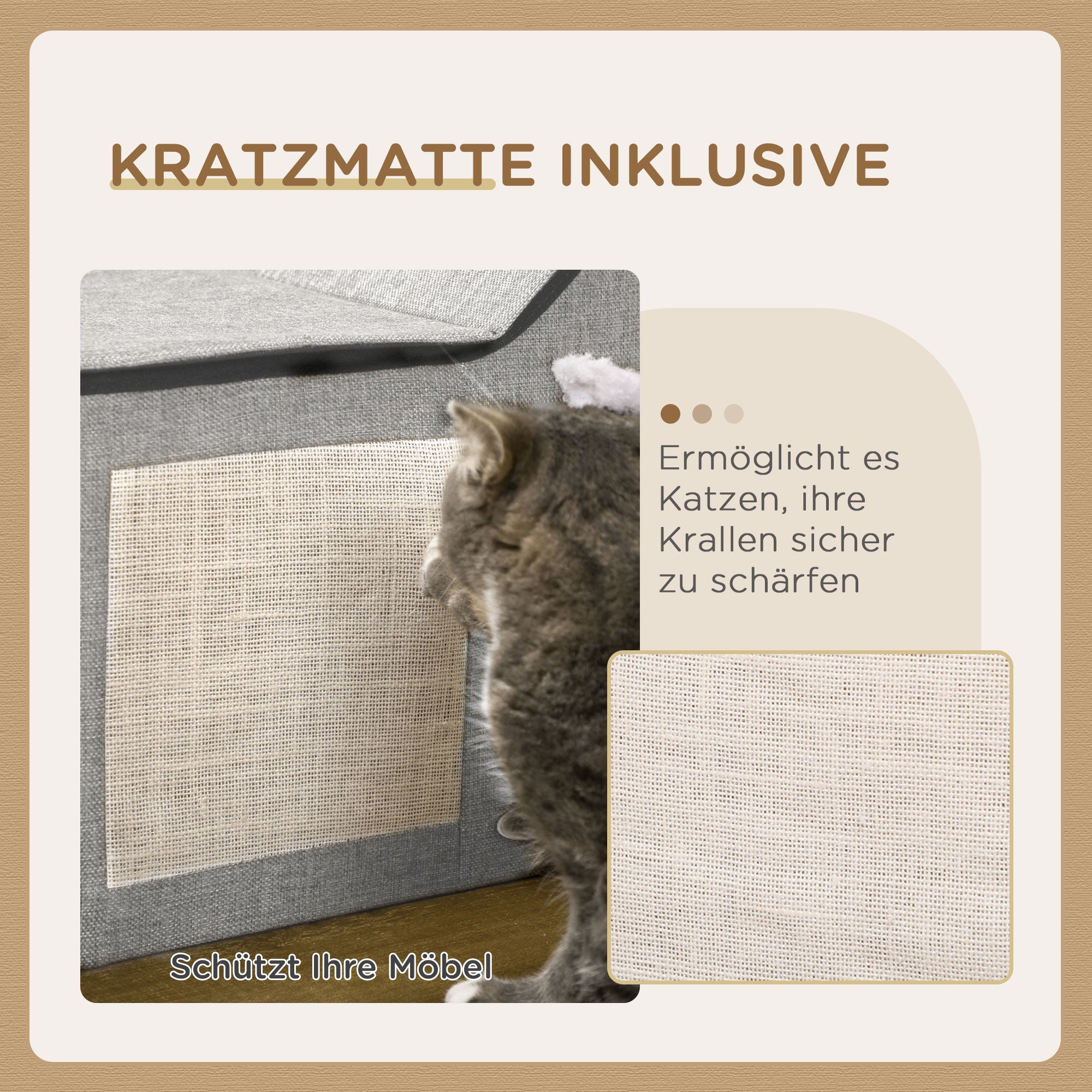 PawHut Katzenhaus mit Kratzfläche, inkl. Spielball, Katzenhöhle, 65 cm x 41 cm x 45.5H cm, Braun + Weiß + Beige