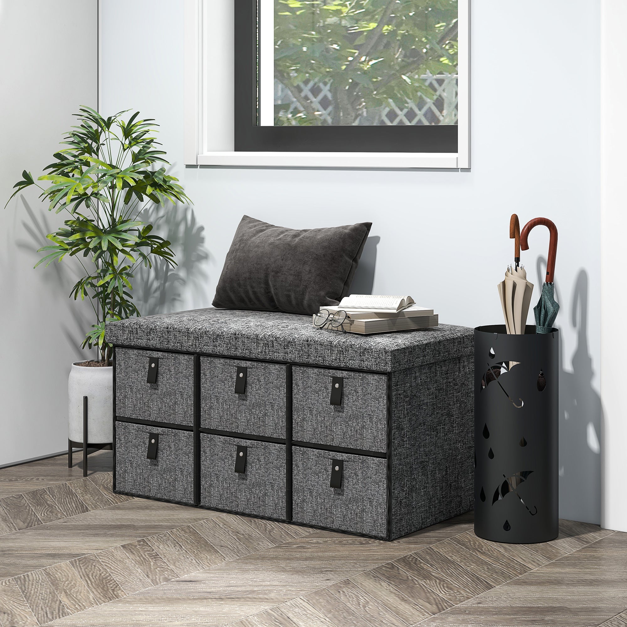 HOMCOM Gepolsterte Schuhbank, 6 Schuhfächer, MDF-Rahmen, Leinenoptik, Grau