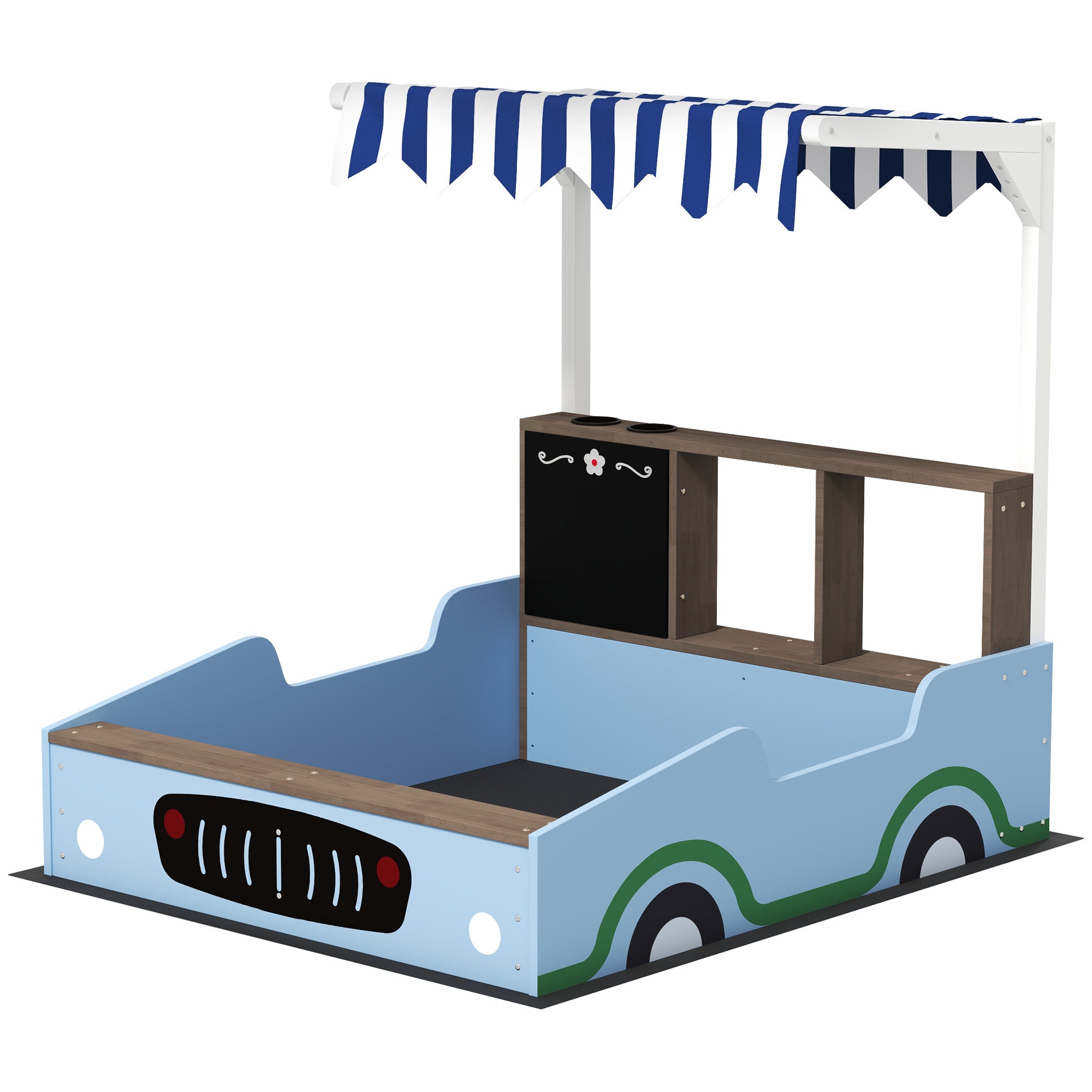 AIYAPLAY Sandkasten mit Vordach, Einkaufsladen-Design, Sitzbank, Zeichentafel, Tannenholz, 104H x 108L x 90B cm, Blau