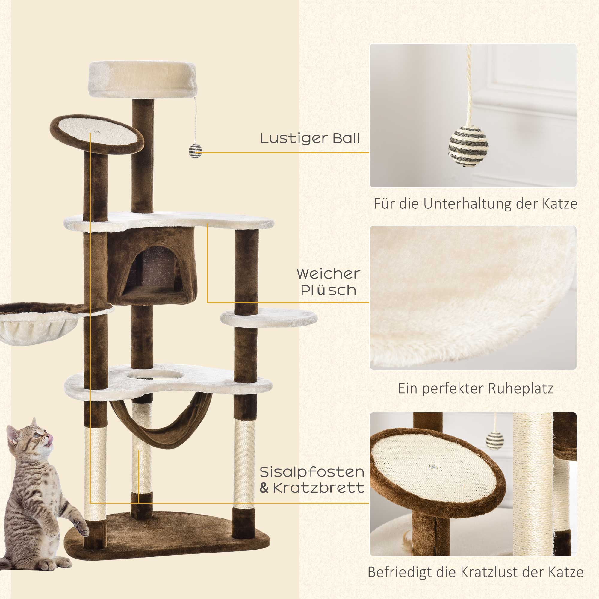 PawHut Kratzbaum mit Katzenhöhle Hängematte XXL Katzenbaum Kletterbaum Kletterbaum für Katzen Mehrstufiges Multiaktivitätszentrum Plüsch Braun 65 x 50 x 153 cm