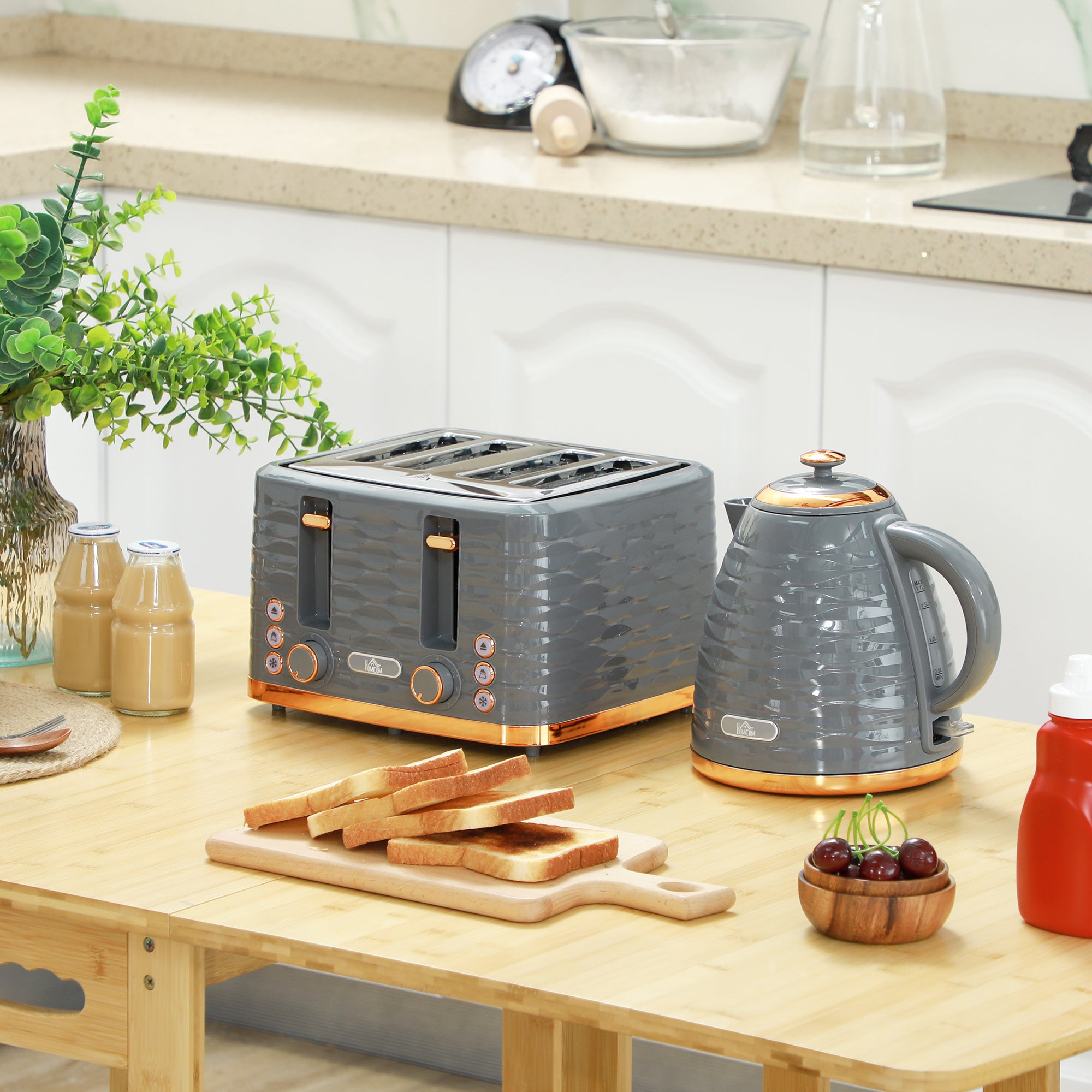HOMCOM 2-in-1 Toaster und Wasserkocher Set, 7 Bräunungsstufen, Auftau- und Aufwärmfunktion, Grau