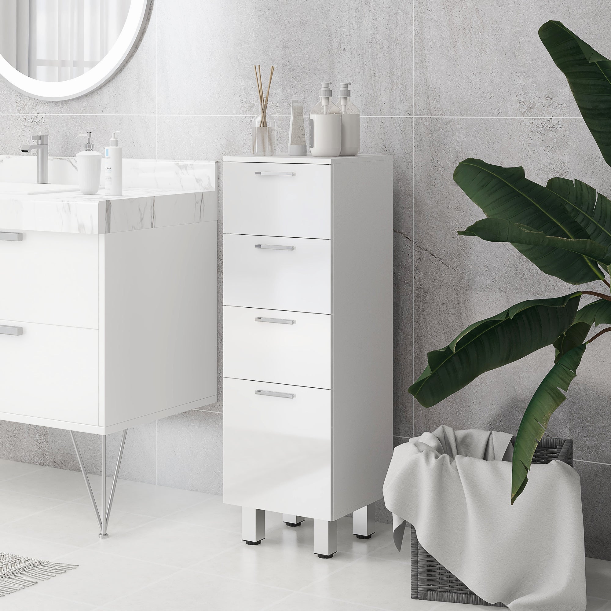 kleankin Badezimmerschrank, Badschrank, 4 Schubladen, Spanplatte, glatt, Weiß