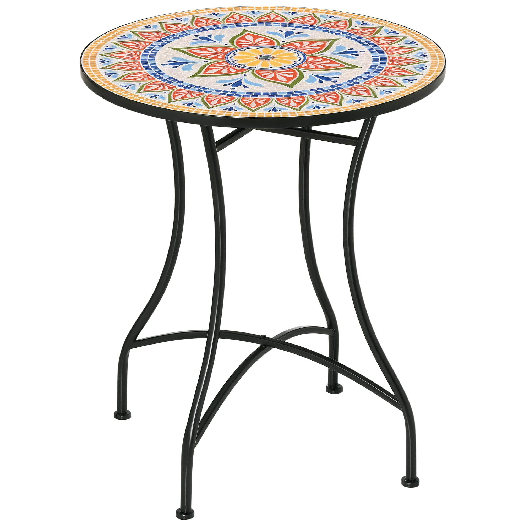 Outsunny Gartentisch Ø60 cm, Wetterfest Balkontisch aus Metall, Esstisch Outdoor, Campingtisch Beistelltisch, rund Terrassentisch für Garten Terrasse Balkon Rot+Blau+Weiß
