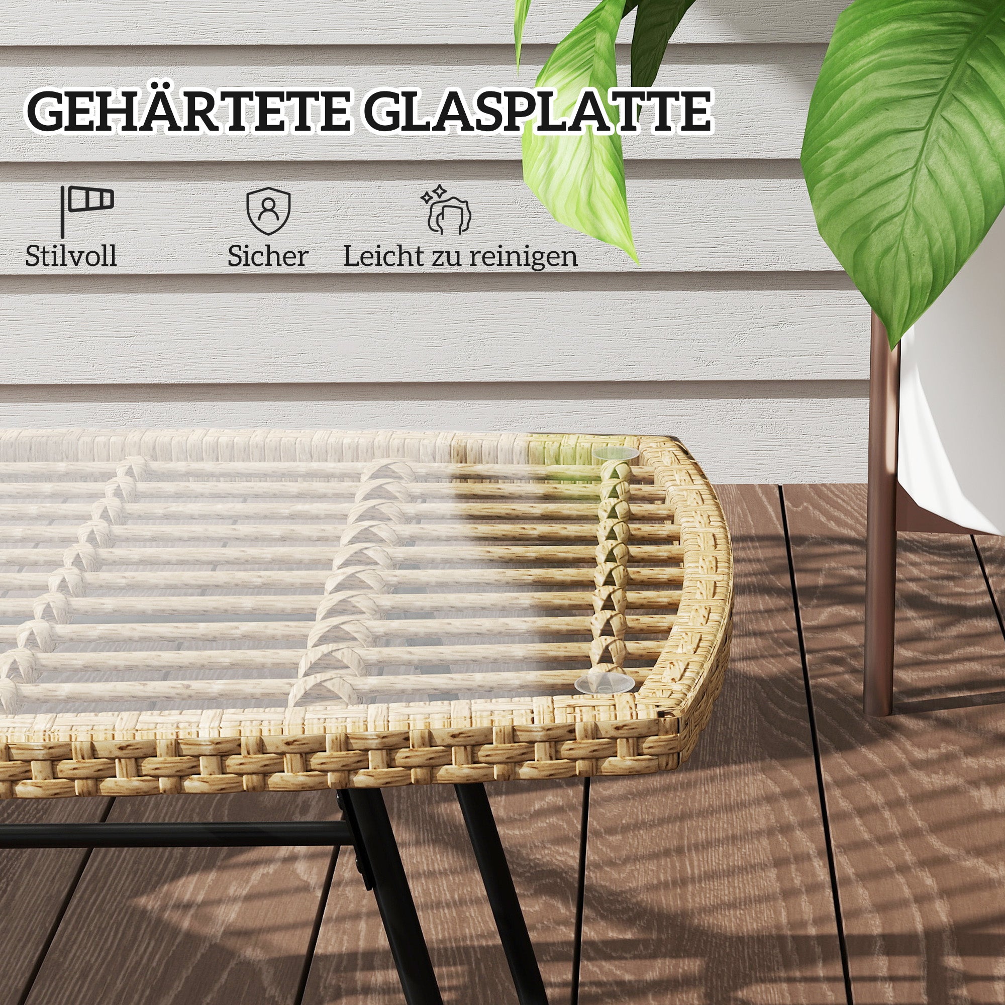 Outsunny Polyrattan Gartentisch, 90 x 50 x 45 cm, UV-beständig Beistelltisch mit Glasplatte Naturholz