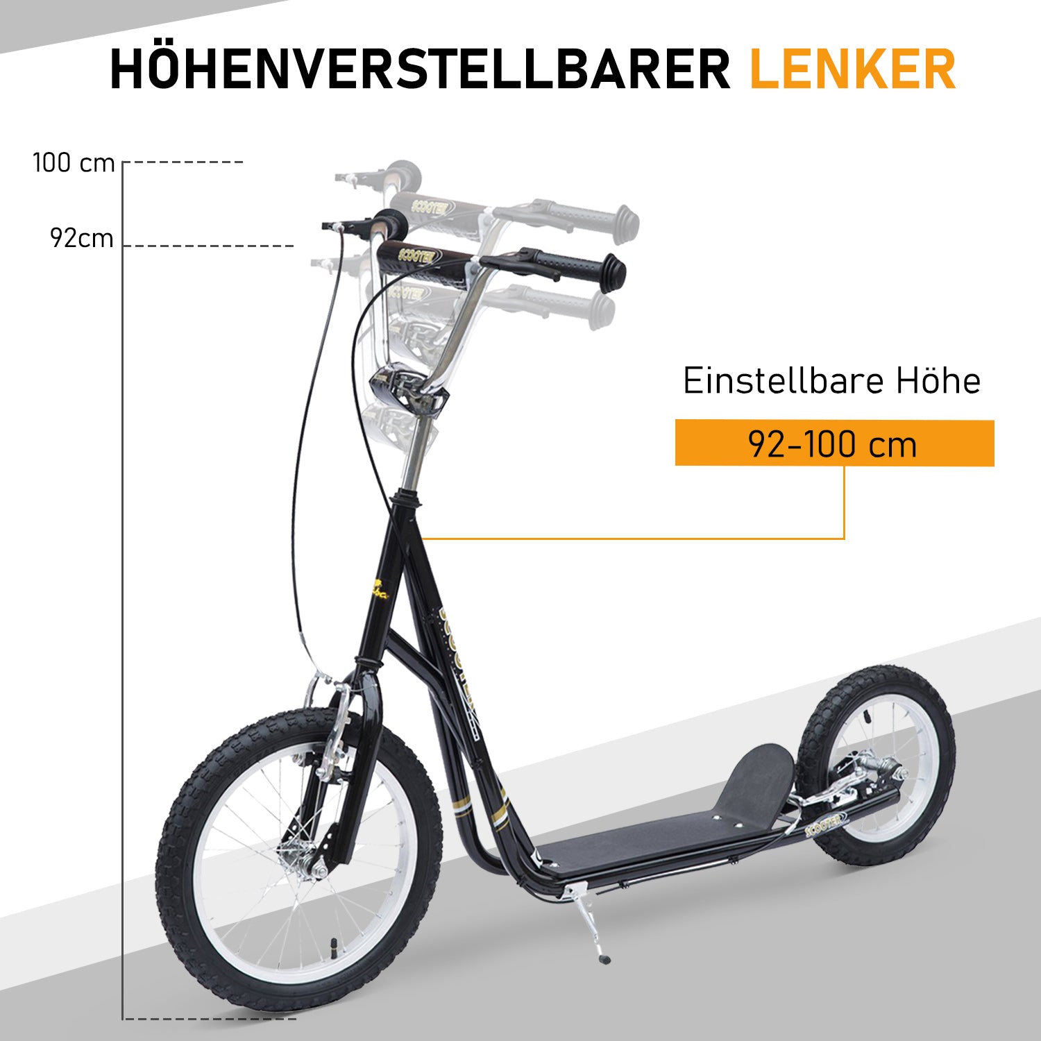HOMCOM Kinderroller 16/12 Zoll Scooter Tretroller mit Bremsen Cityroller Kickboard Kinder Roller für 5+ Jahre Kinder Schwarz 135 x 58 x 92-100 cm
