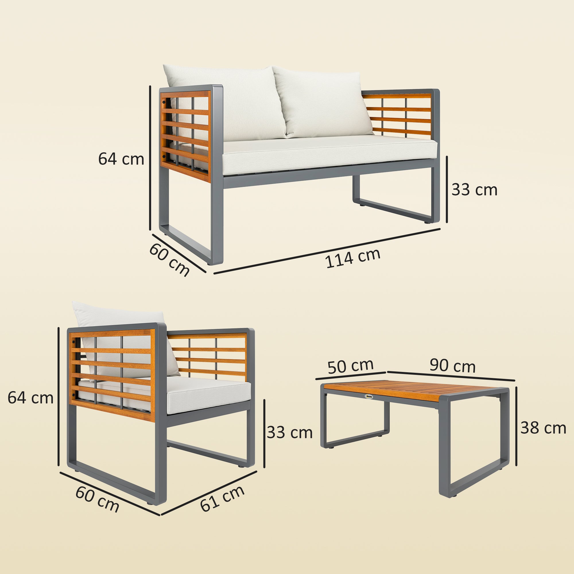 Outsunny 4-teiliges Gartenmöbel-Set, 2 Sessel, 1 Sofa, 1 Kaffeetisch, Sitzkissen, Akazienholz, Stahlgestell, Grau+Beige