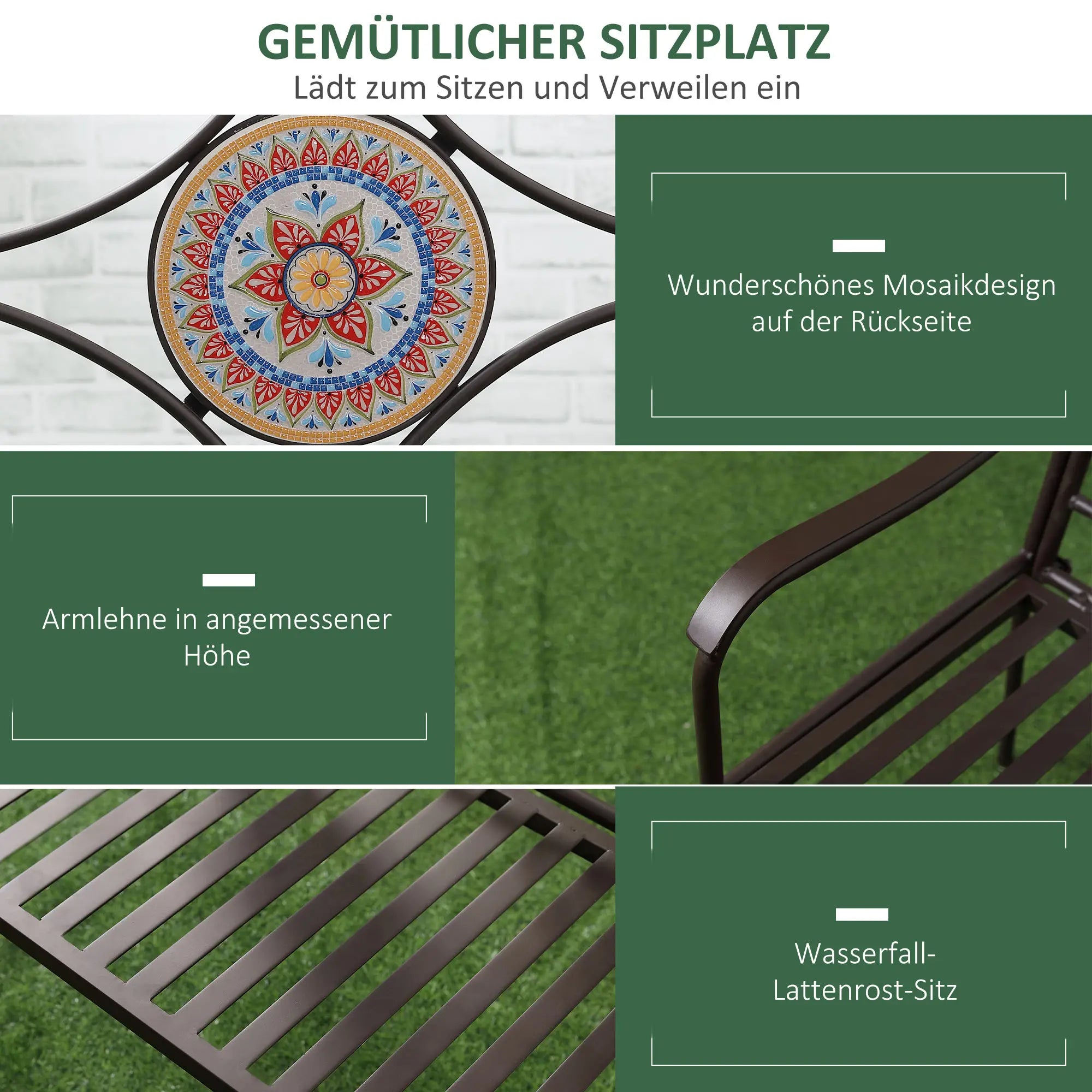 Outsunny Gartenbank im Vintage-Design, 2 Sitzer, wetterbeständig, mit Mosaiksteinen, 121 cm x 52 cm x 93 cm, Mehrfarbig