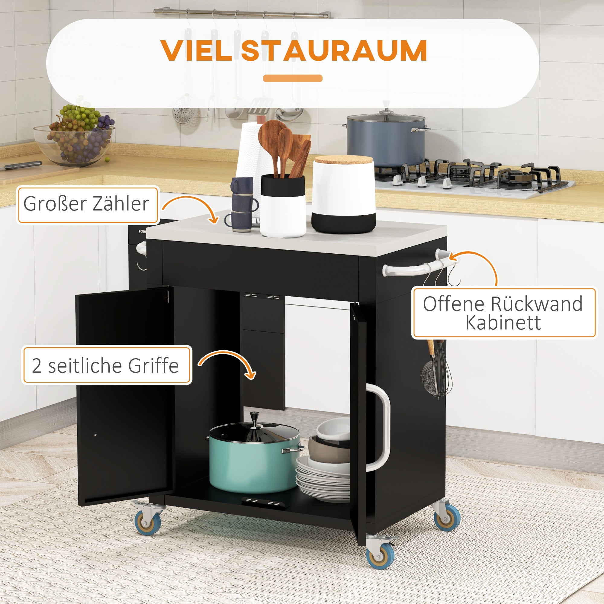 HOMCOM Küchenwagen mit Rollen, Servierwagen, Rollwagen mit Schrank, Haken und Edelstahlgriffe, Küchenhilfe, BBQ Grilltisch aus Edelstahl Küchentrolley, 86 x 50 x 86,5 cm Schwarz