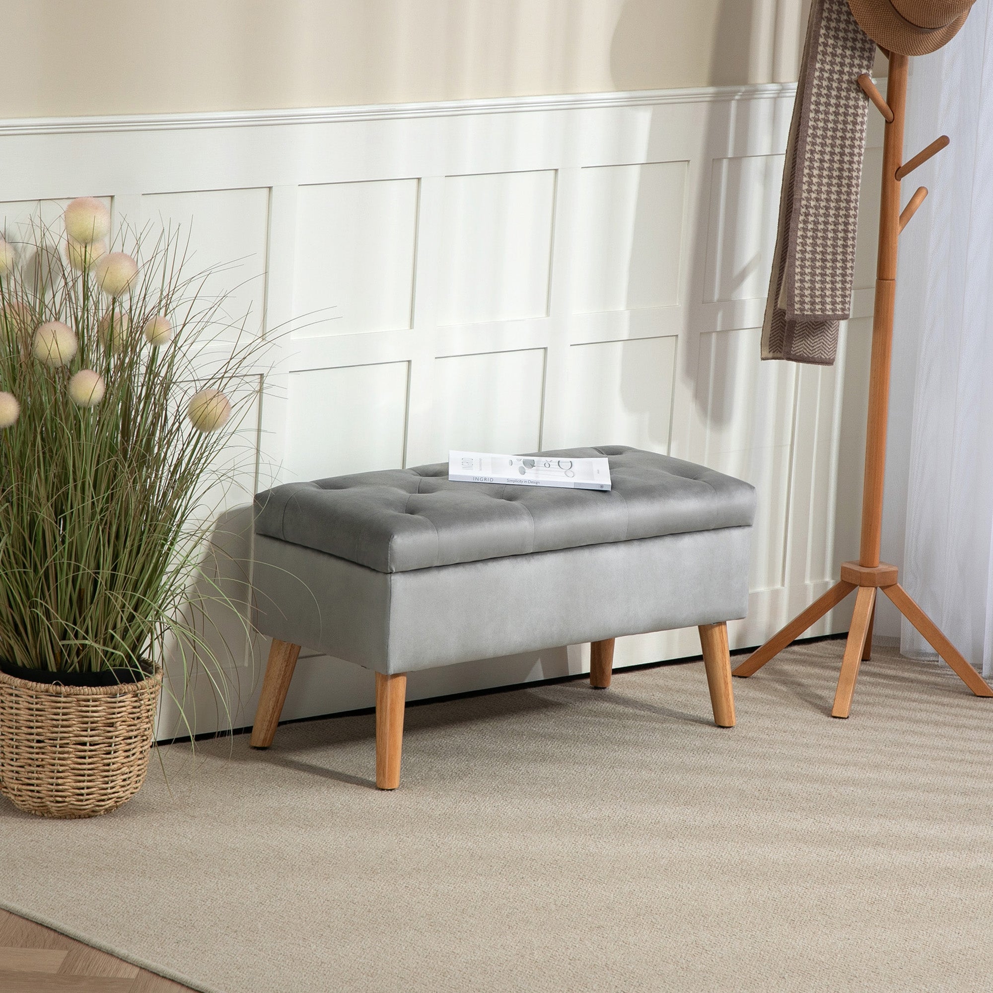 HOMCOM Polsterbank mit Stauraum, Stoffbezug in Samtoptik, Holzbeine, für Wohnzimmer, Schlafzimmer, Flur, 80 x 35 x 40 cm, Grau